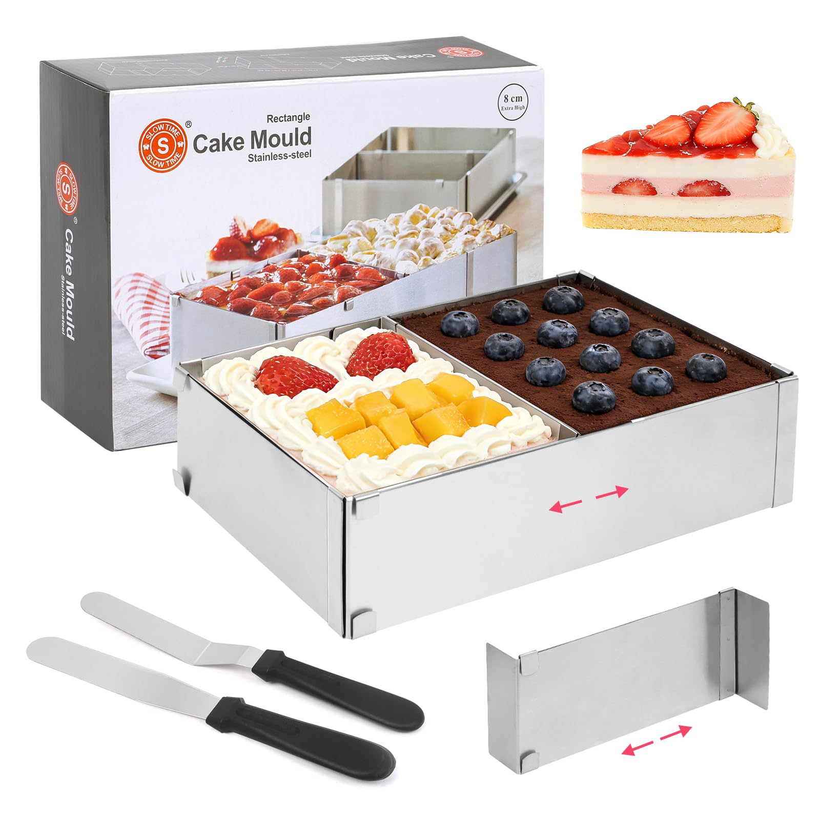 Rechteckige Kuchenform, verstellbarer Kuchenrahmen, Backform aus Edelstahl mit zwei Edelstahlspateln, für selbstgemachte Mousse-Kuchen, Desserts und Pizzen (8 cm Höhe)