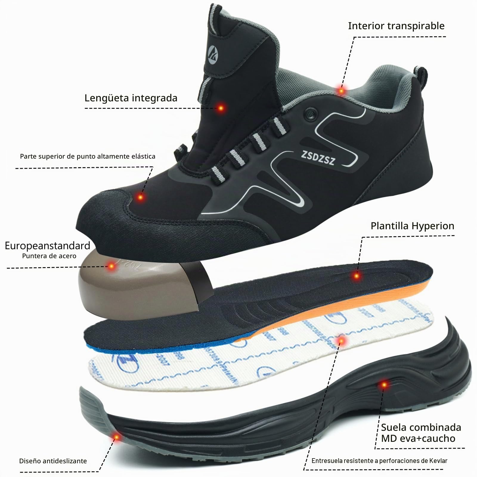 Zapatos de Seguridad para Hombre Mujer Zapatillas Trabajo con Punta de Acero Ligeros Transpirable Calzado de Seguridad Antideslizantes Comodo Zapatos de Trabajo