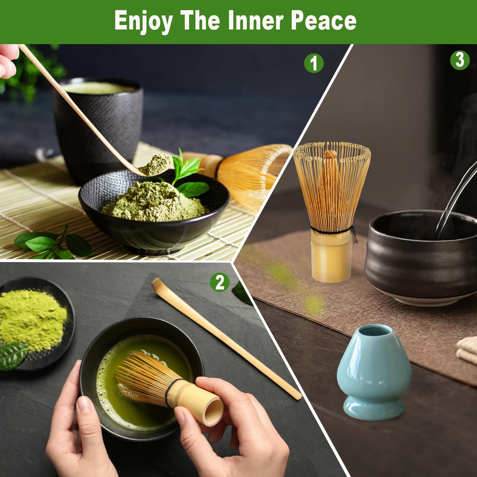 MA-01 Accesorio de Ceremonia de Matcha Japonés, Batidor, Chasen, Batidor Chasen de Bambú Tradicional de 100 Varillas té Matcha, para té Verde y Bebidas en Polvo, Juego de 3 Piezas