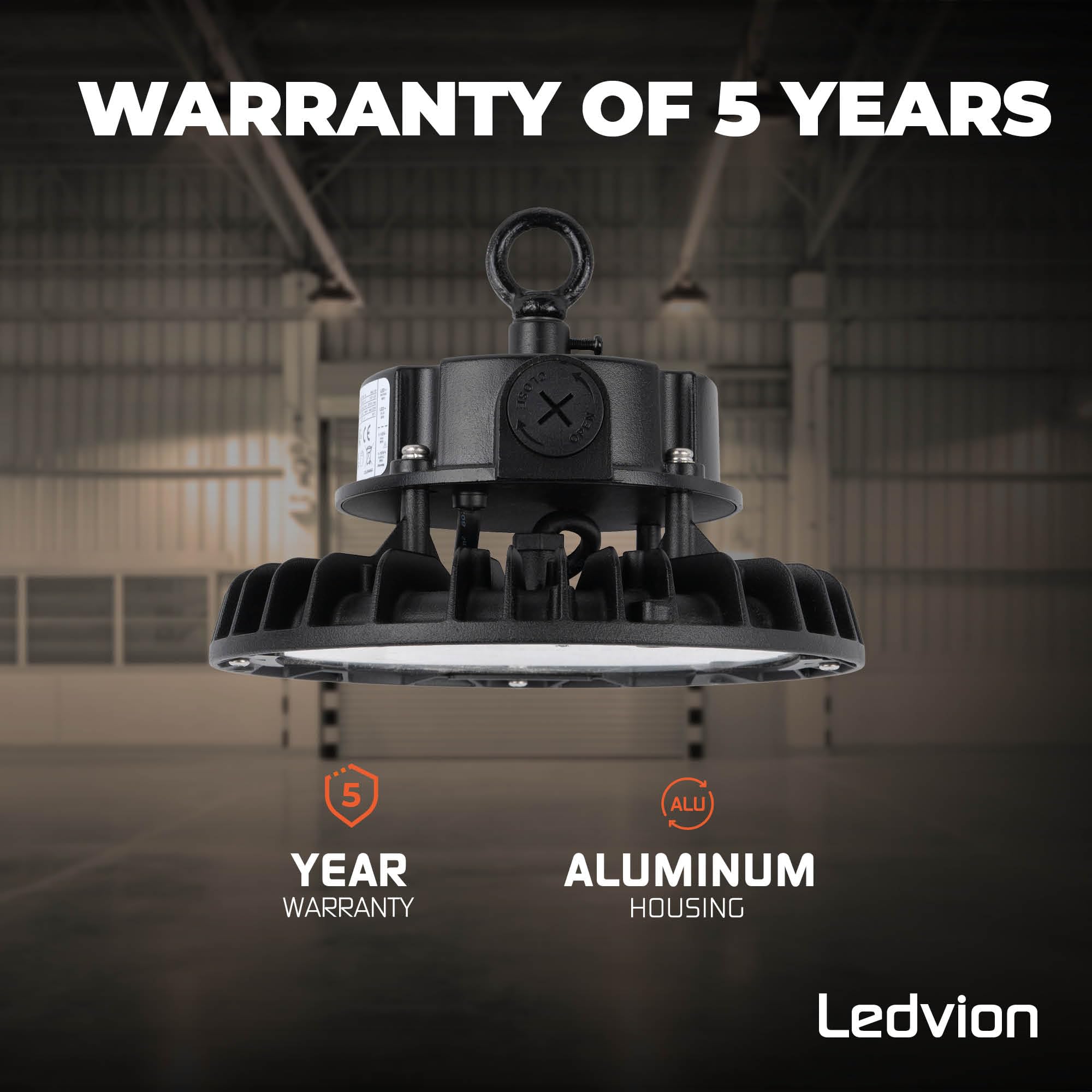 Ledvion - Sterownik LED High Bay 100 W, możliwość ściemniania, 175 lm/W, 17.500 lm, 3000K, IP65, 5 lat , lampa UFO