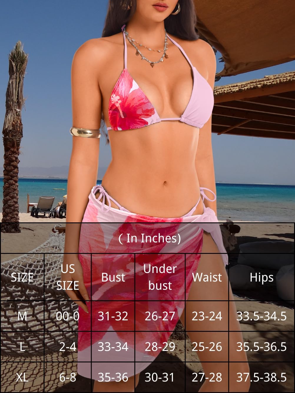 Sexy Women Floral 3 Piece Swimsuit with Skirt Sarong Cover Up,Halter Low Rise Cheeky Bikini Set,Vacation Beach Outfit
