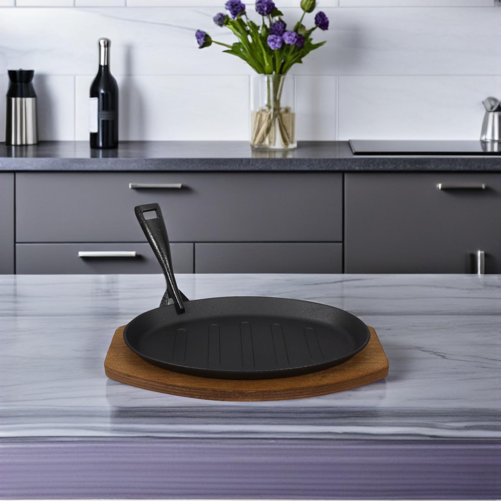 Padella in Ghisa per Bistecche, Set 1 Pezzo Nero con Base in Legno