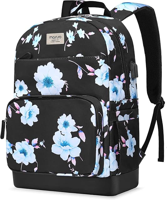 MOSISO 15.6-16 inch Laptop Backpack for Women Girls, Polyester Anti-Theft Casual Daypack Bag with Luggage Strap&USB Charging Port, Sampaguita Flower Travel Business College School Bookbag, Black
