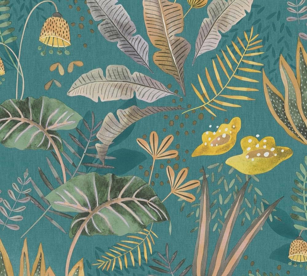 A.S. Création Livingwalls Famous Garden 393483 Wallpaper Floral Petrol Green Yellow Grey Non-Woven Wallpaper 10.05 m x 0.53 m Made in Germany
