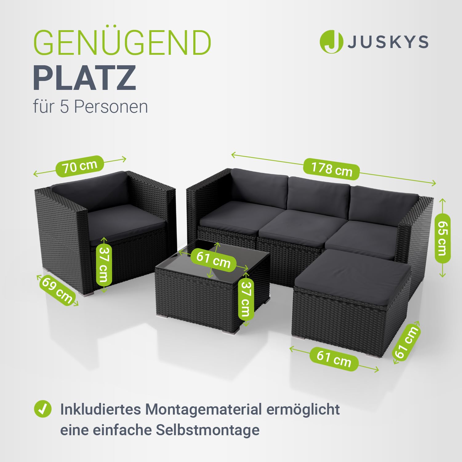 Juskys Polyrattan Lounge Punta Cana L für 4-5 Personen mit 3er Sofa, Sessel, Hocker, Tisch & Kissen, Sitzgruppe für Garten, Terrasse und Balkon, Gartenmöbel Set wetterfest - Schwarz/Grau