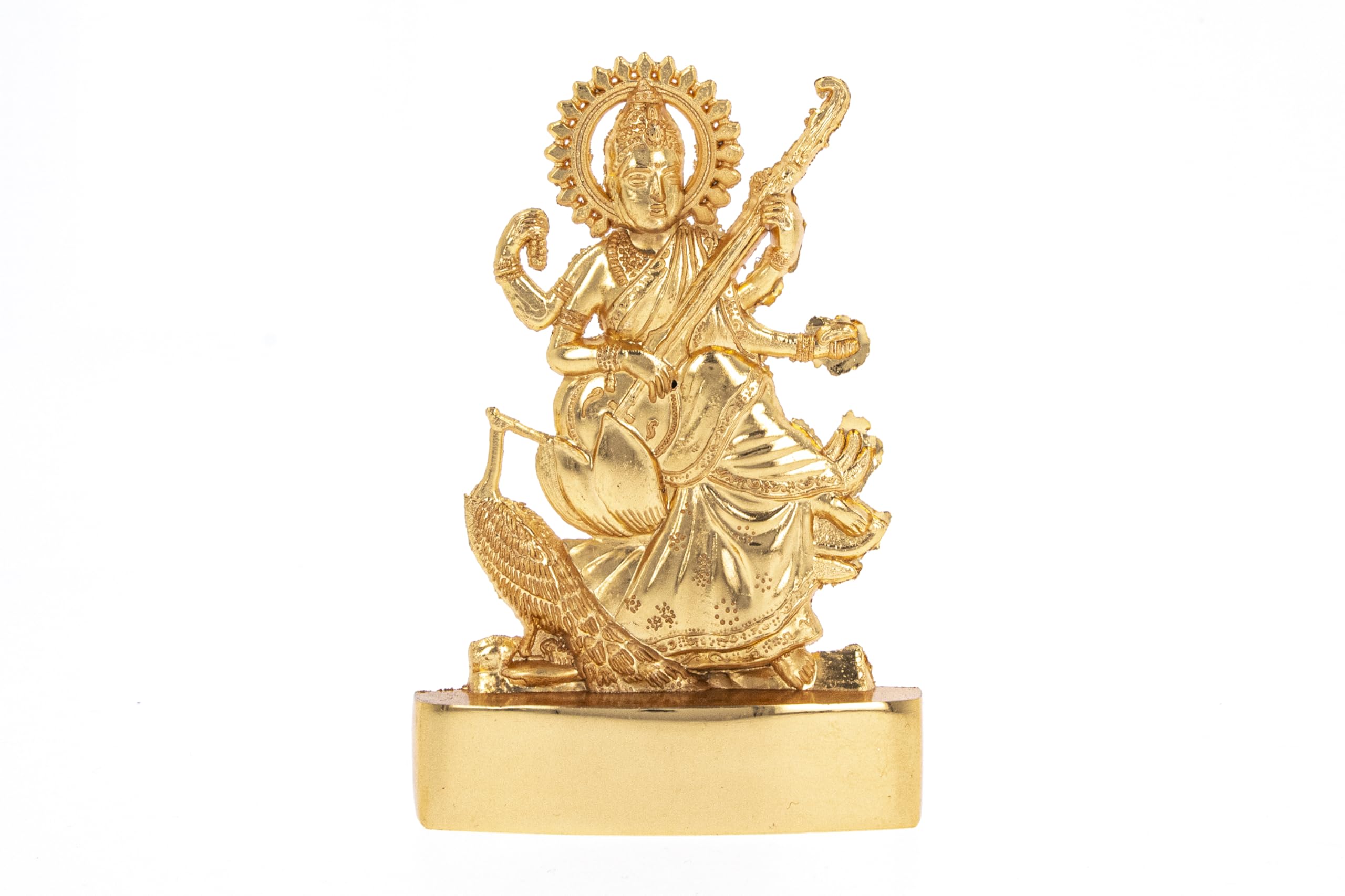 Indiabazaar Golden Saraswati Statue Murti Metal Small Saraswati Maa Mata Hindu Goddess For Car Dashboard Home Office Desk Mandir Temple Pooja Décor Diwali Wedding Gift (5 Inch)