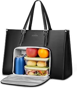 MATEIN Tote Bags for Women, Work Bag with Lunch Compartment, 15.6 Inch PU Leather Laptop Bag for Women, Insulated Office Tote Bag, Stylish Computer Bag for Work and Travel, Black