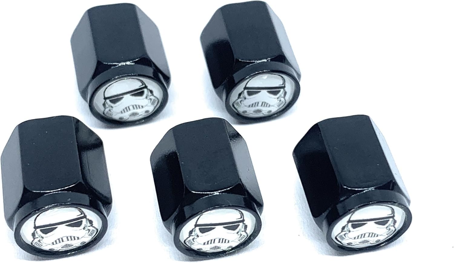 Premium Universal and Durable Metal Valve Stem Covers (5-Pack): Compatible with Cars, SUV's, Trucks, Motorcycles & Bikes, Hexagonal Design & Rubber Seal (Imperial Soldier Stormtrooper [Black])