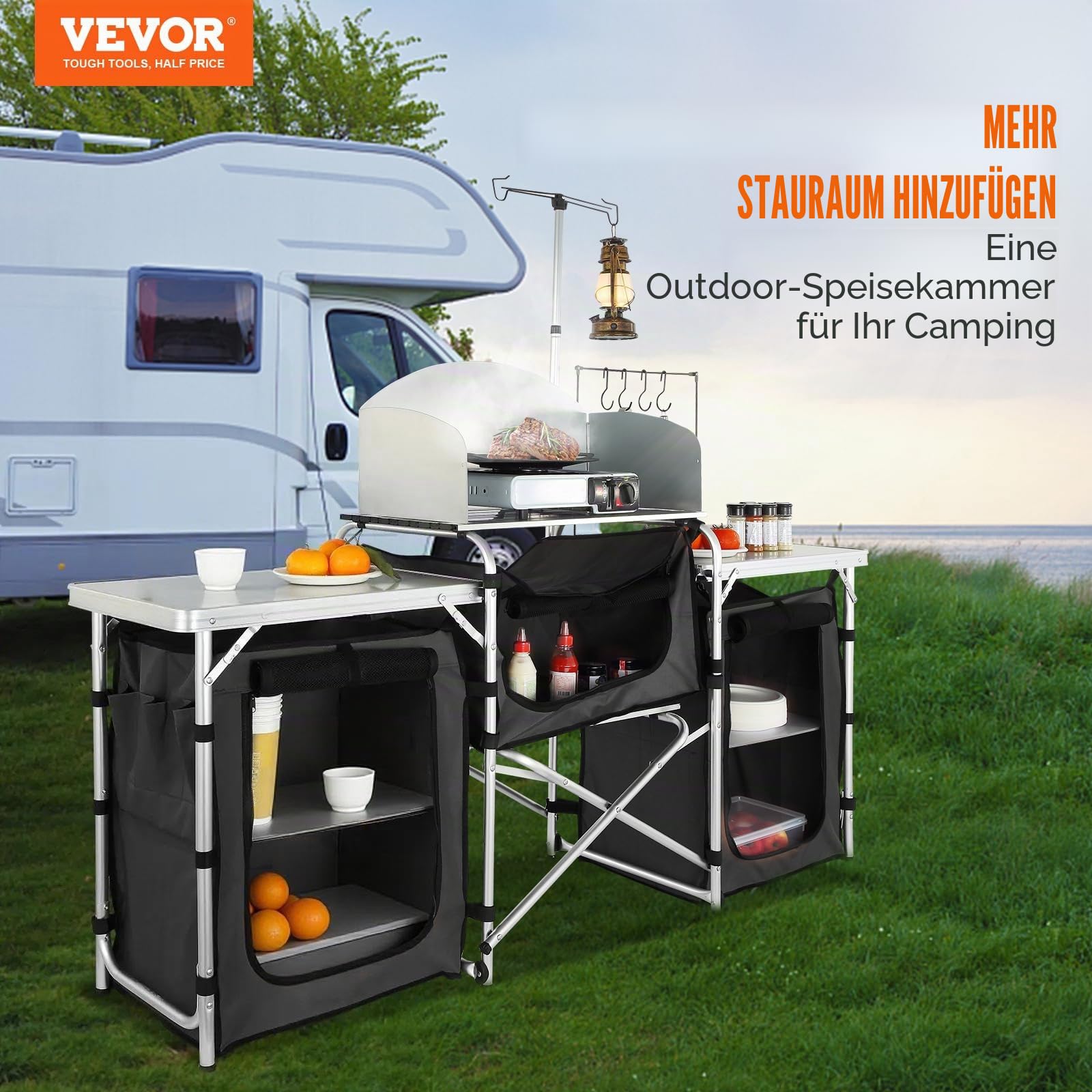 VEVOR Camping-Küchentisch, Klappbarer Outdoor-Kochtisch mit Aufbewahrungstasche, Aluminium-Kochstation mit 3 Schränken und Abnehmbarer Windschutzscheibe, Schneller Aufbau für Picknicks usw.
