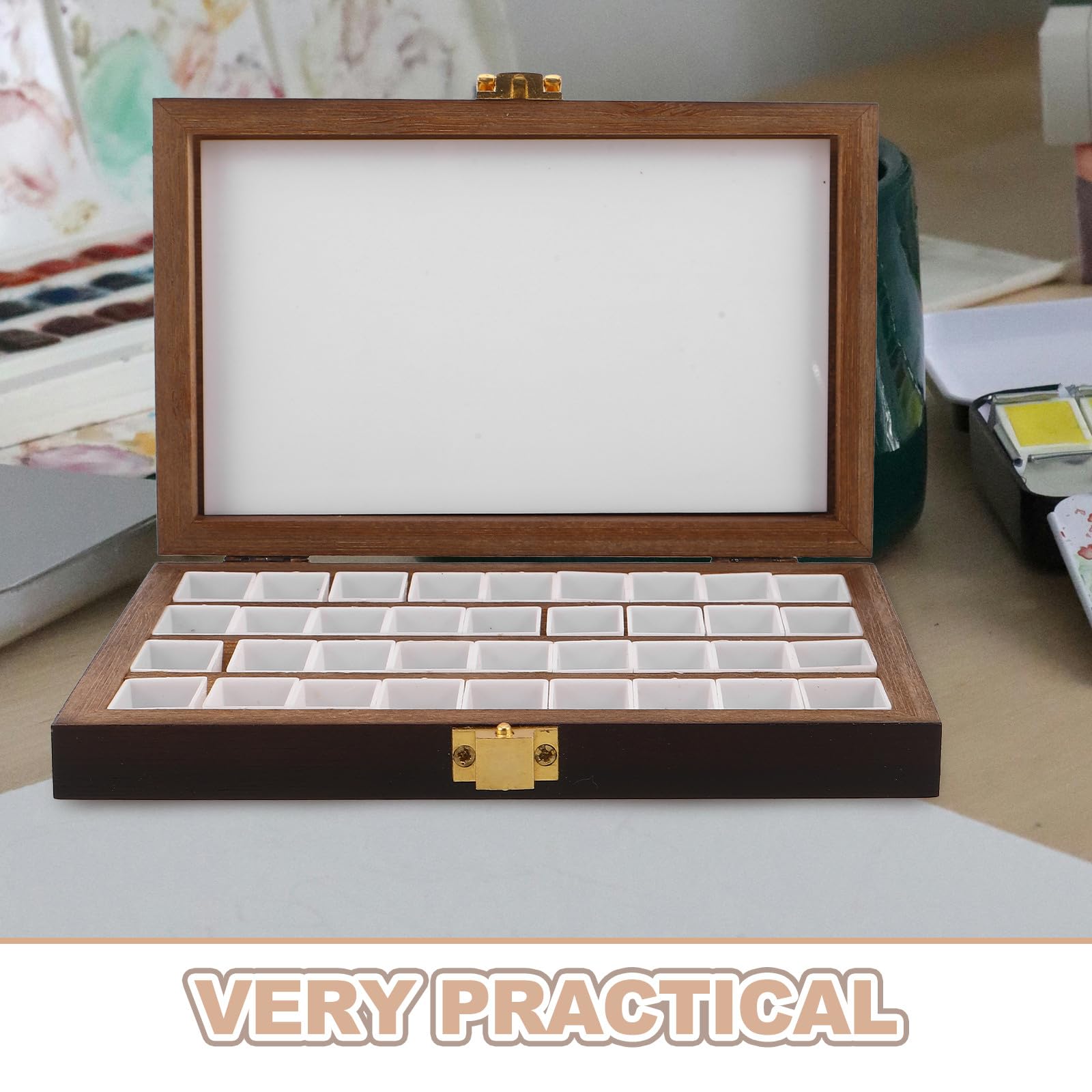 Palette Aquarelle Portable en Bois avec 36 Demi-casseroles, Couvercle Sécurisé Anti-séchage, Rangement Multigrille pour Artistes Professionnels et Amateurs en Cours d'art