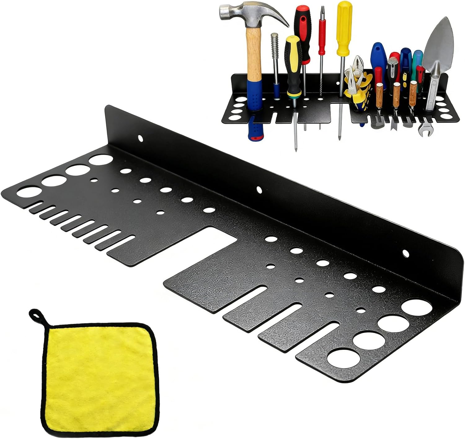 Metal Screwdriver Organizer Wall Mount with Cleaning Towel, Heavy Duty Tool Holder for Pliers, Hammers, Wrenches, Garage Organization Workbench Storage Rack, Black