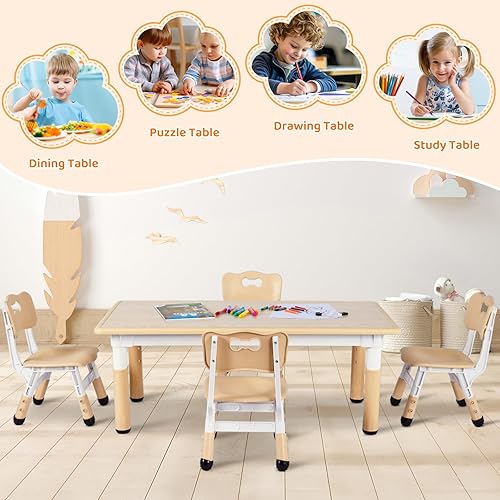 Miniatura 26 de Arlopu Juego de mesa y 4 sillas para niños, juego de mesa y sillas para niños pequeños, patas antideslizantes, escritorio de graffiti, mesa de