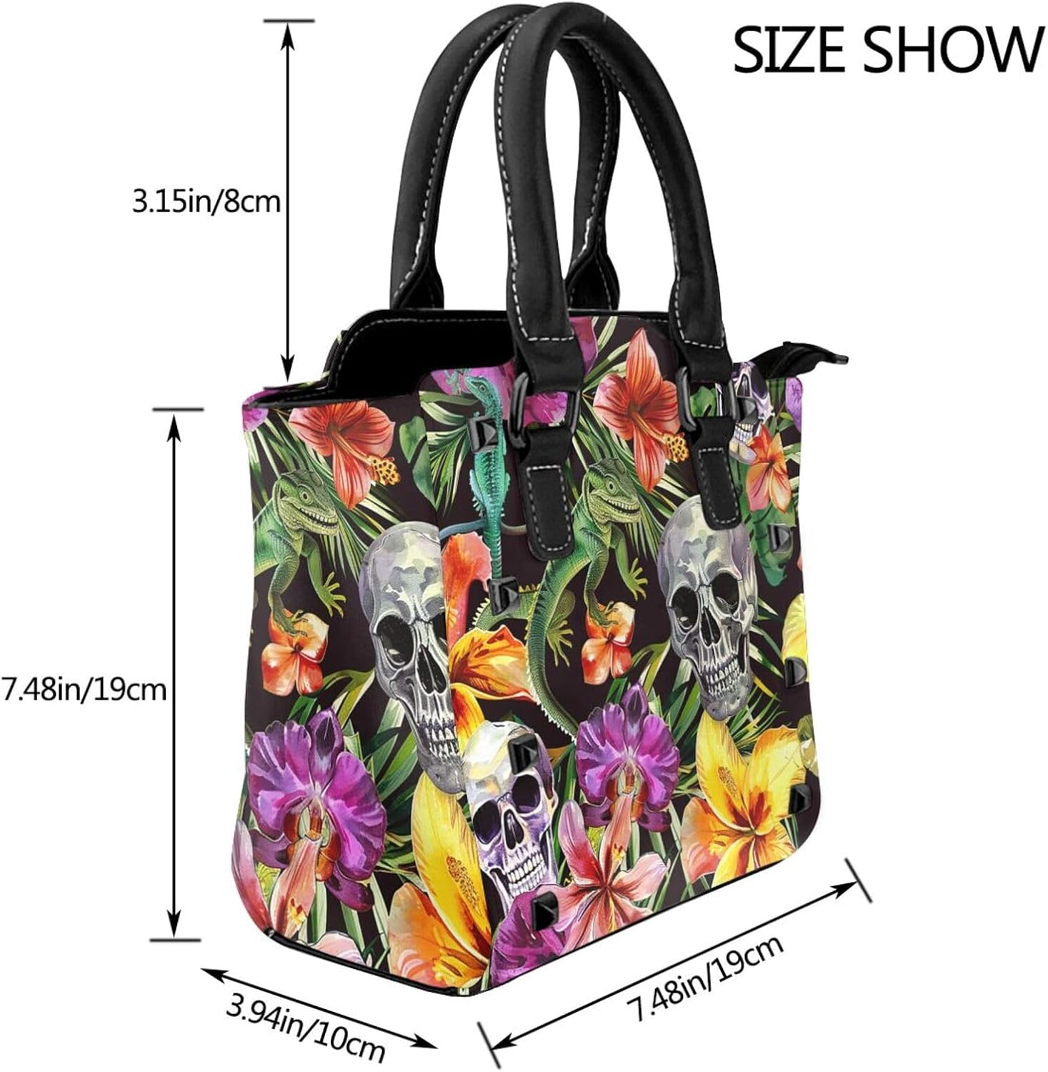 Leather Shoulder Bag for Women, Tropical Leaves Flower Studded Purse Skull Floral Crossbody Handbags Punk Hobo Bag with Adjustable Strap