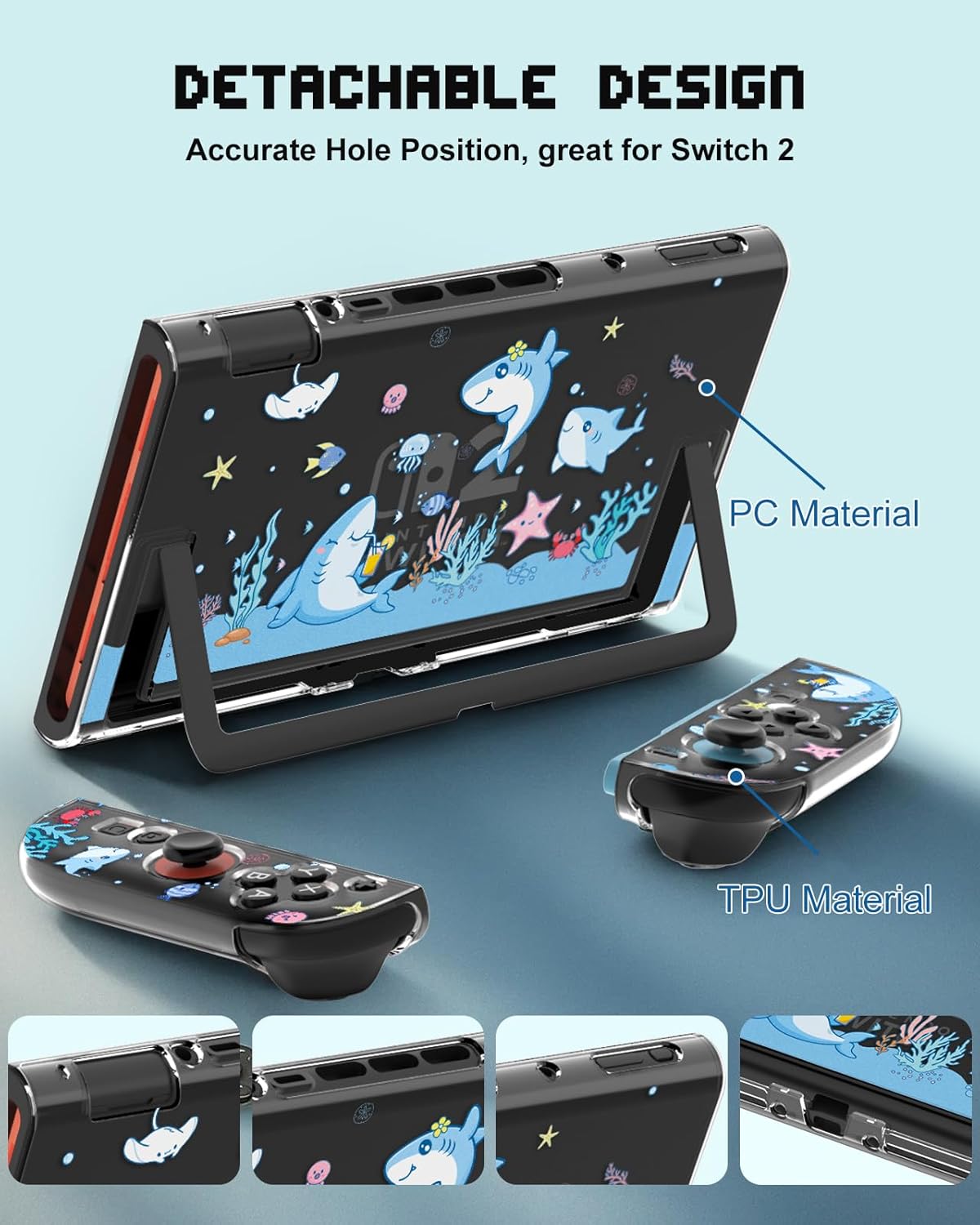 Dockable Protective Case for Nintendo Switch 2 2025 - Cute Cartoon Shark Design Clear TPU Slim Hard Cover for Joycon 2 for Teens Girls Boys - Image 3