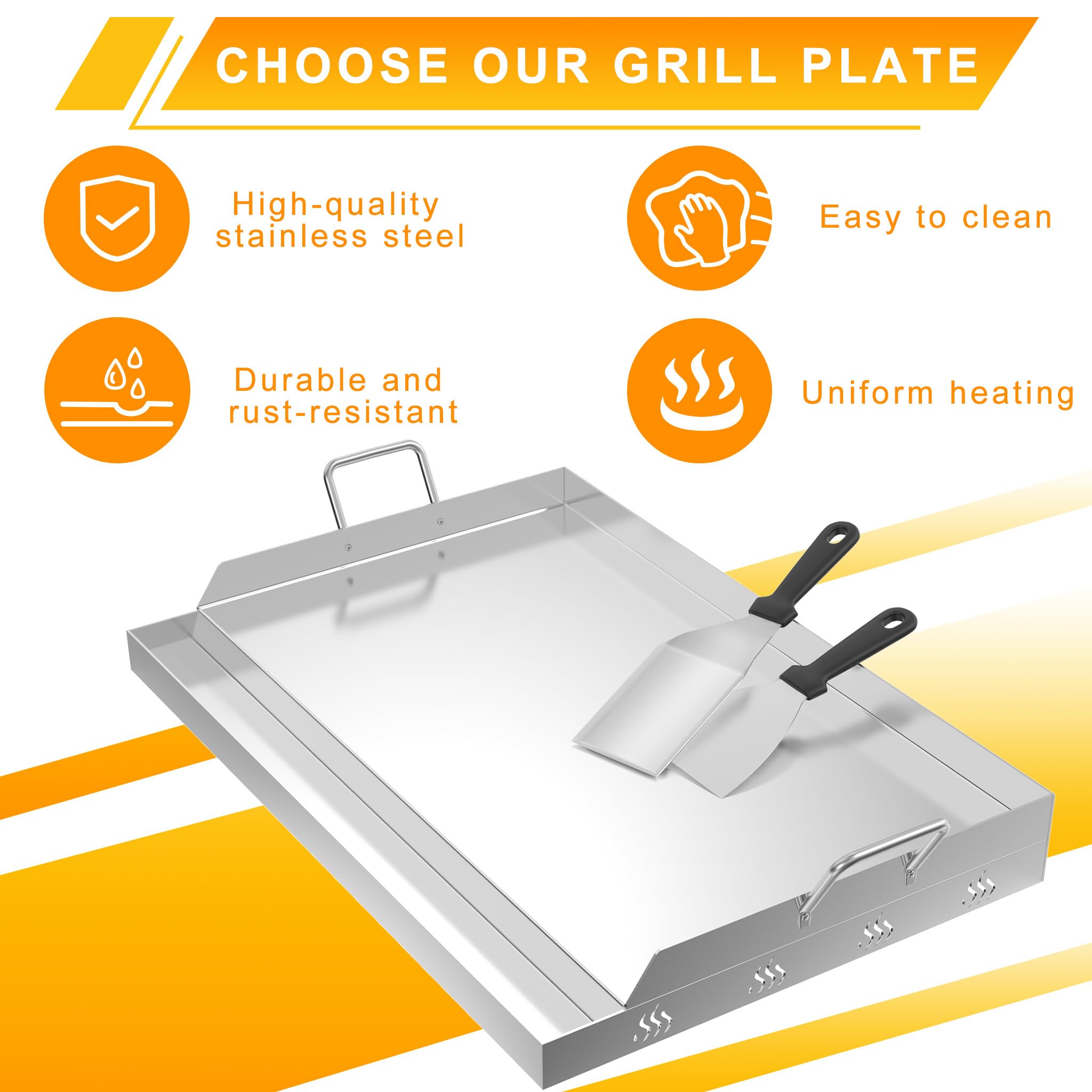 Froadp Edelstahl Grillplatte | 47x32x7cm Universal BBQ Plancha mit Ölrinne | BBQ Plancha für Gas- & Holzkohlegrill | Grillzubehör inkl. Spachtel & Griffen