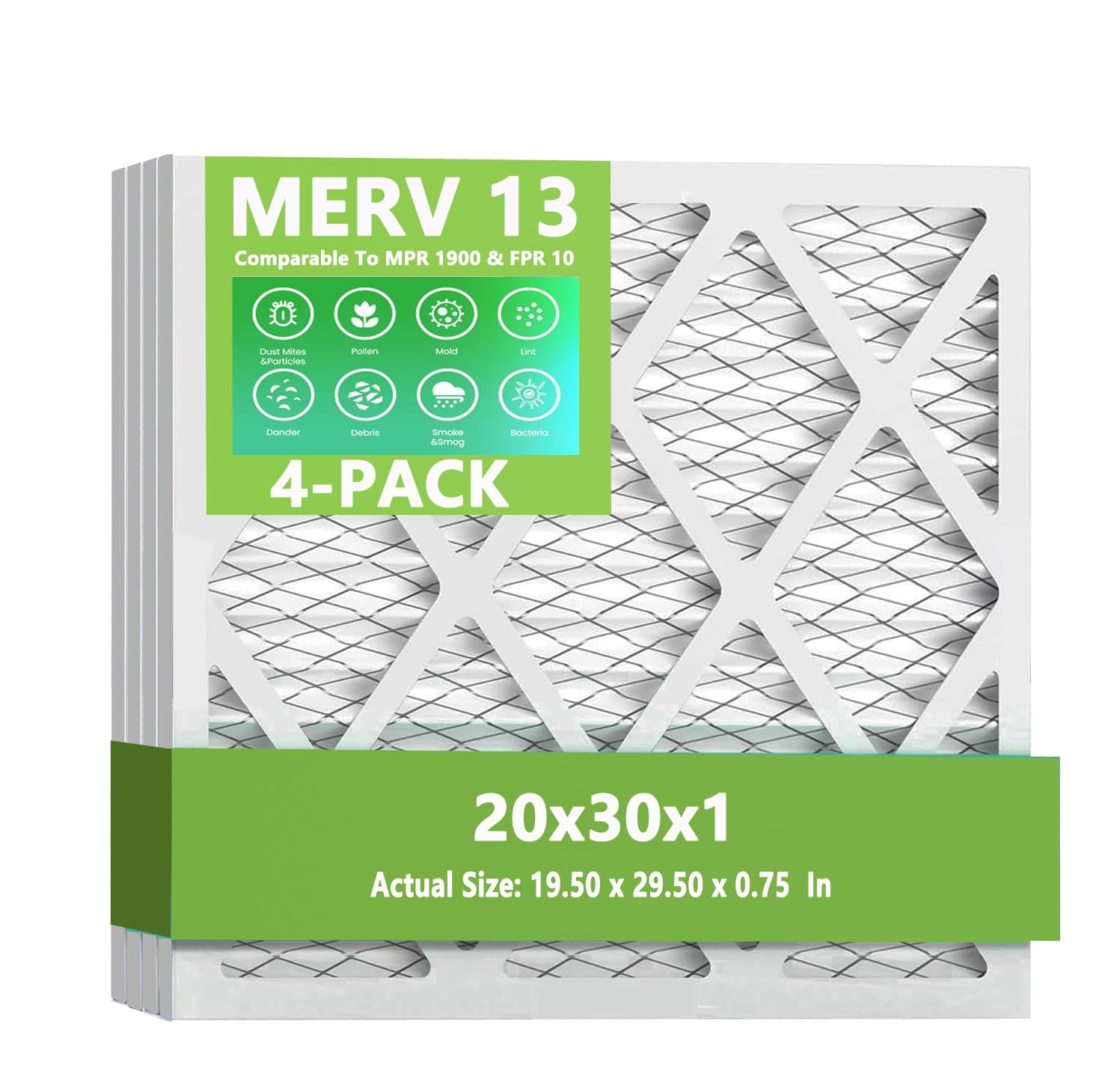 Photo 1 of (4 Pack) 20x30x1 Furnace Air Filters, MPR 1900 & FPR 10, MERV 13 Pleated Air Filter (Actual Size: 19.50" x 29.50" x 0.75")