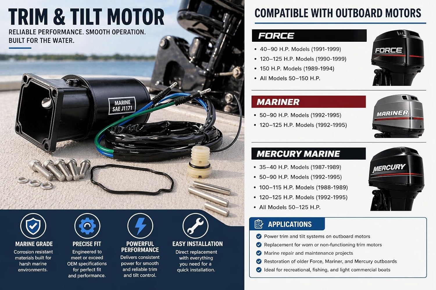 Tilt Trim Motor with Reservoir Compatible Replacement for Mercury/Mariner/Force Outboards 50HP 75HP 85HP 90HP 120HP 125HP 1986-1995 Replaces 809885A1 809885A2 PT496NK-2 6276 18-6777 18-6784