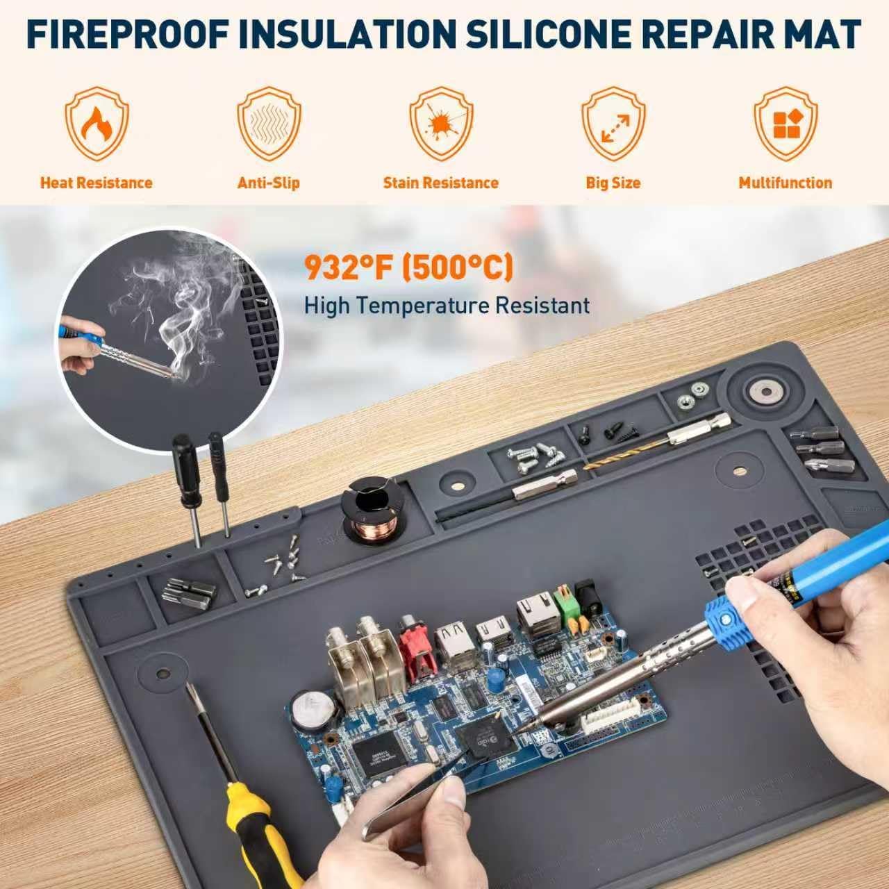 Silicone Mat Helping Hands Soldering Station, 30X/10X Magnifying Glass with Light for Electronic Repair Craft Hobby, 4 PCB Arms, Infinite Colors Stepless Dimming LED Magnifier Lamp with Stand