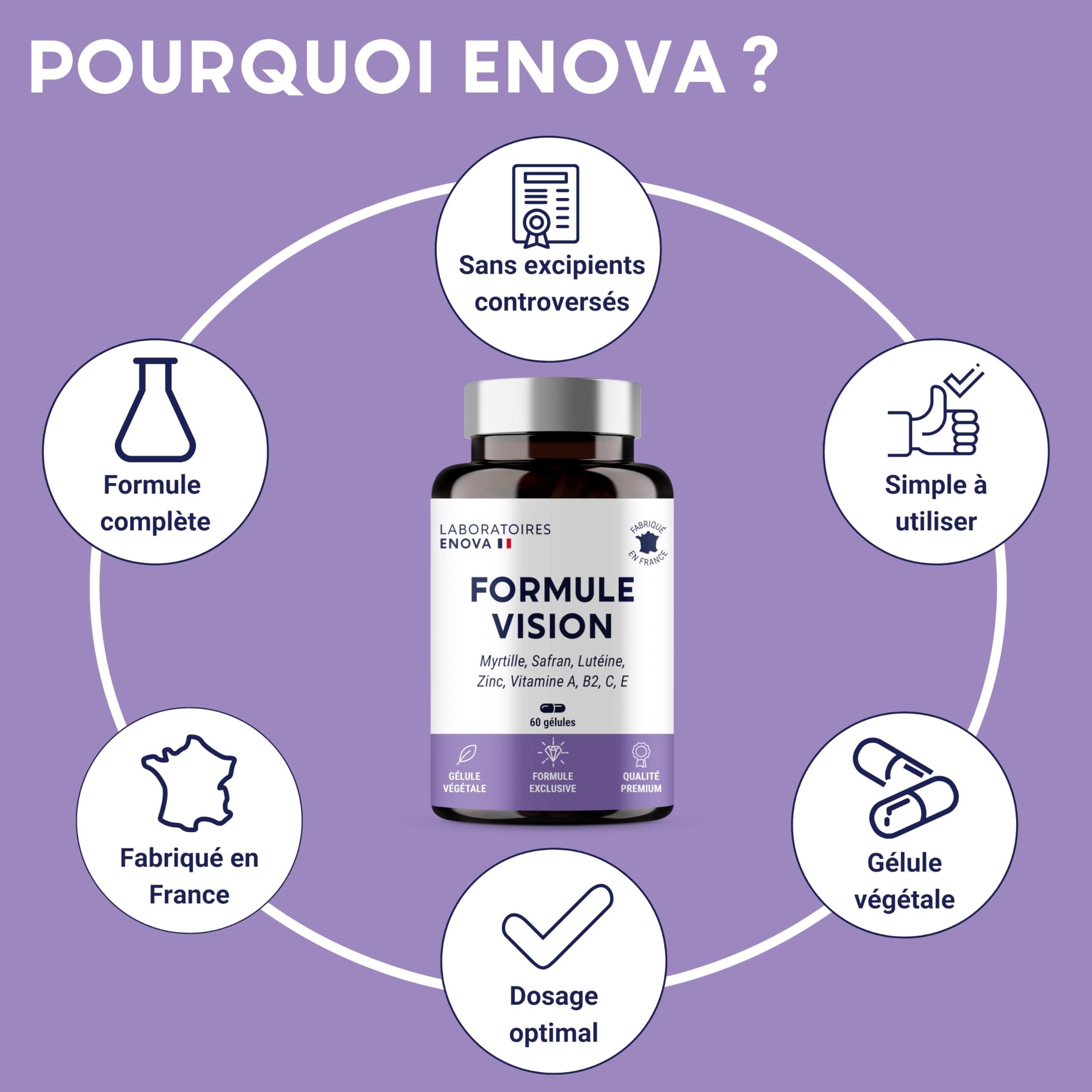 FORMULE VISION | Complément alimentaire pour les yeux | Myrtille, Safran, Lutéine, Zinc et Vitamines | Maintien d'une vision normale, yeux secs et fatigués | 60 Gélules | Fabriqué en France