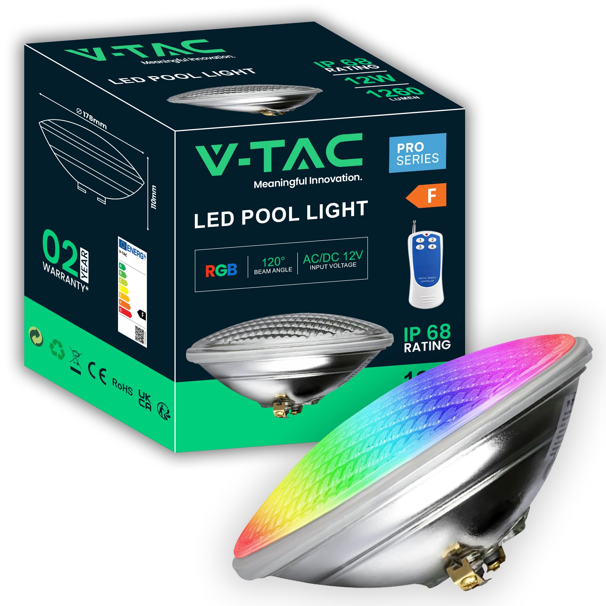 V-TAC Lampada Led da Piscina Multicolore RGB 12W - CON TELECOMANDO - PAR56 - Lampada Vetro Antiurto IP68 per Illuminazione Piscine e Fontane - 1260 Lumen - Luce Colorata Subacquea