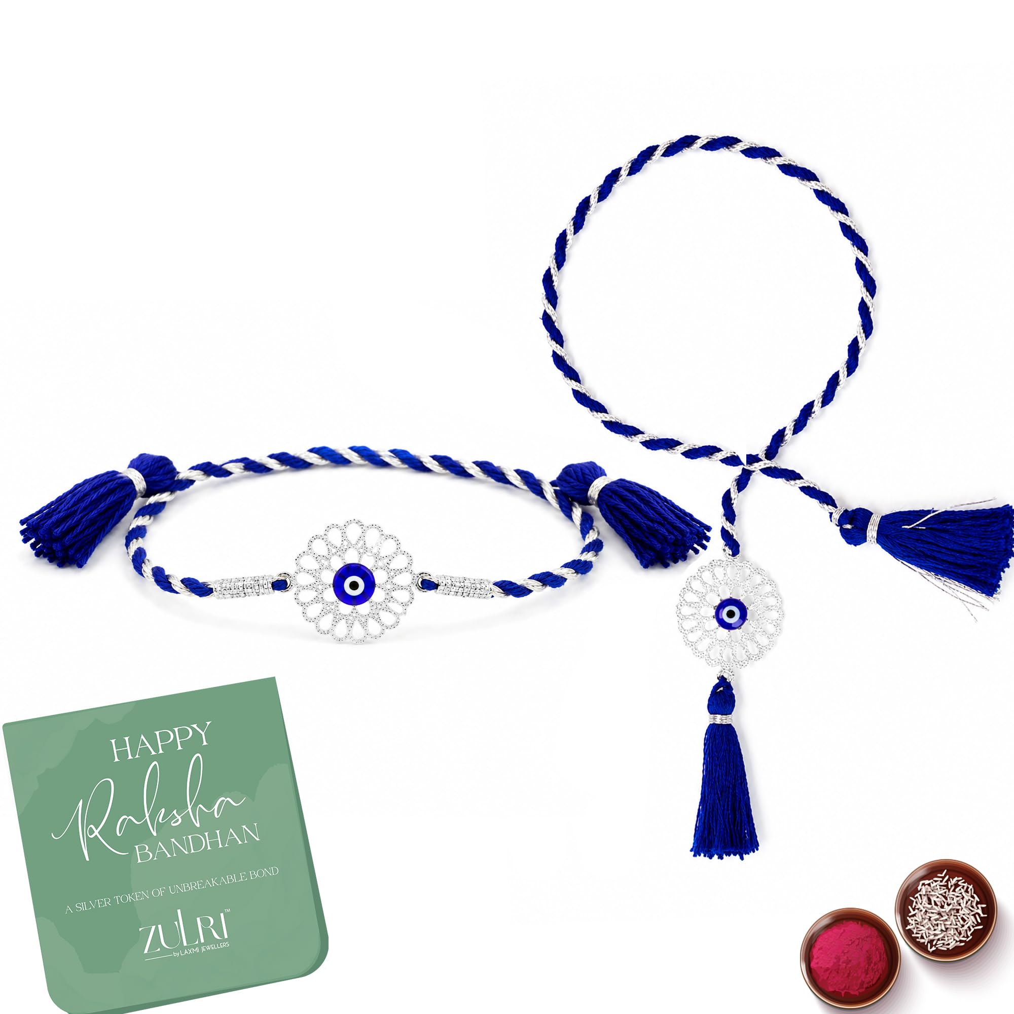 92.5 Sterling Silver Royal Evil-Eye Thread Bhai Bhabhi Rakhi For Rakshabandhan | Rakhi With Fragrance Greeting Card & Roli Chawal and Silver Certificate of Authenticity-image-29