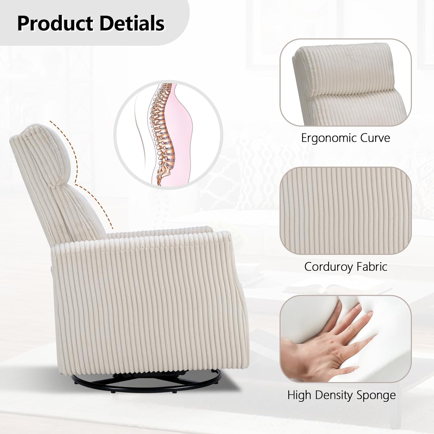CANMOV Swivel Rocker Chair for Nursery, Swivel Accent Chair with High Back and Arms, Corduroy Glider Chair for Living Room Bedroom Nursery, Beige 1 Beige image 6 of 9 B0D4797QX1
