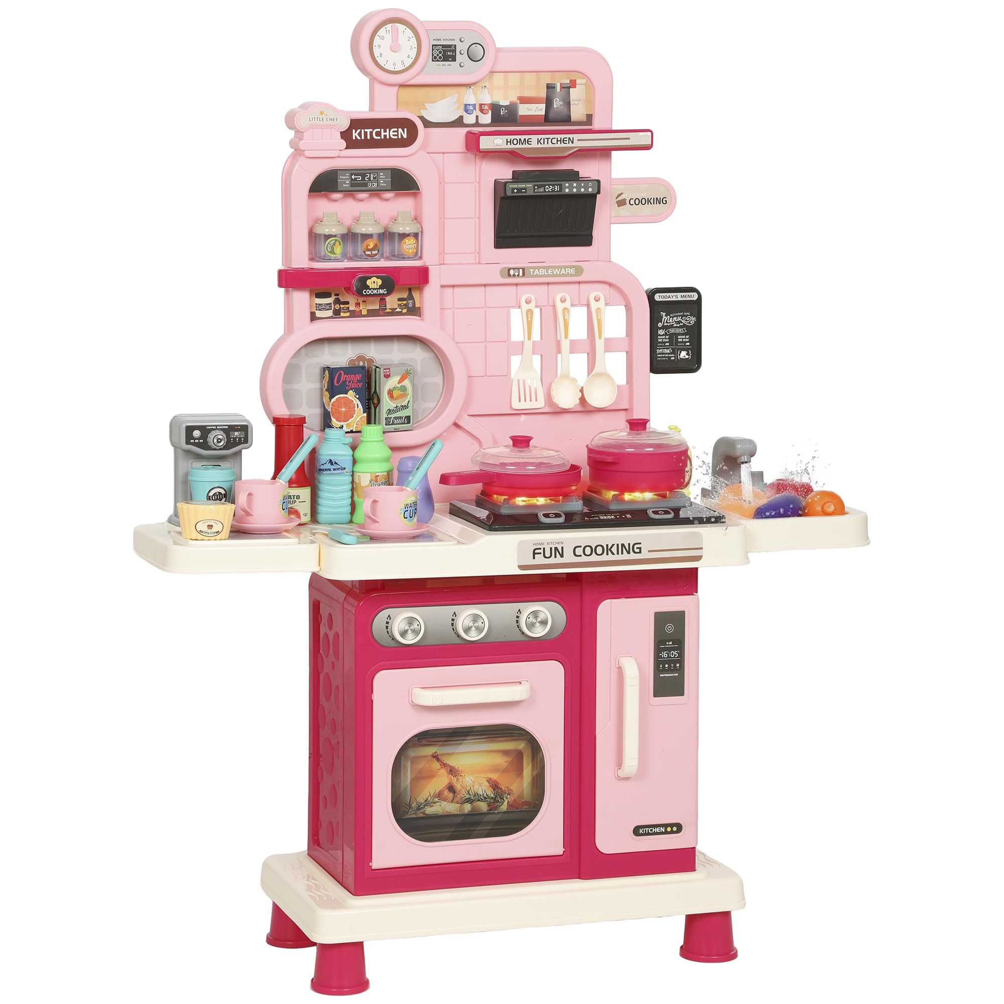 AIYAPLAY Play Kitchen 33 PCS with Lights Sounds for Kids 3-6 Years Pink