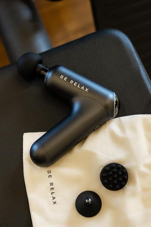Be Relax New! Travel-Friendly Compact Cordless Percussion Massager. Customizable with Interchangeable Heads. Type C Charging. Adjustable Speed and Intensity. Portability.
