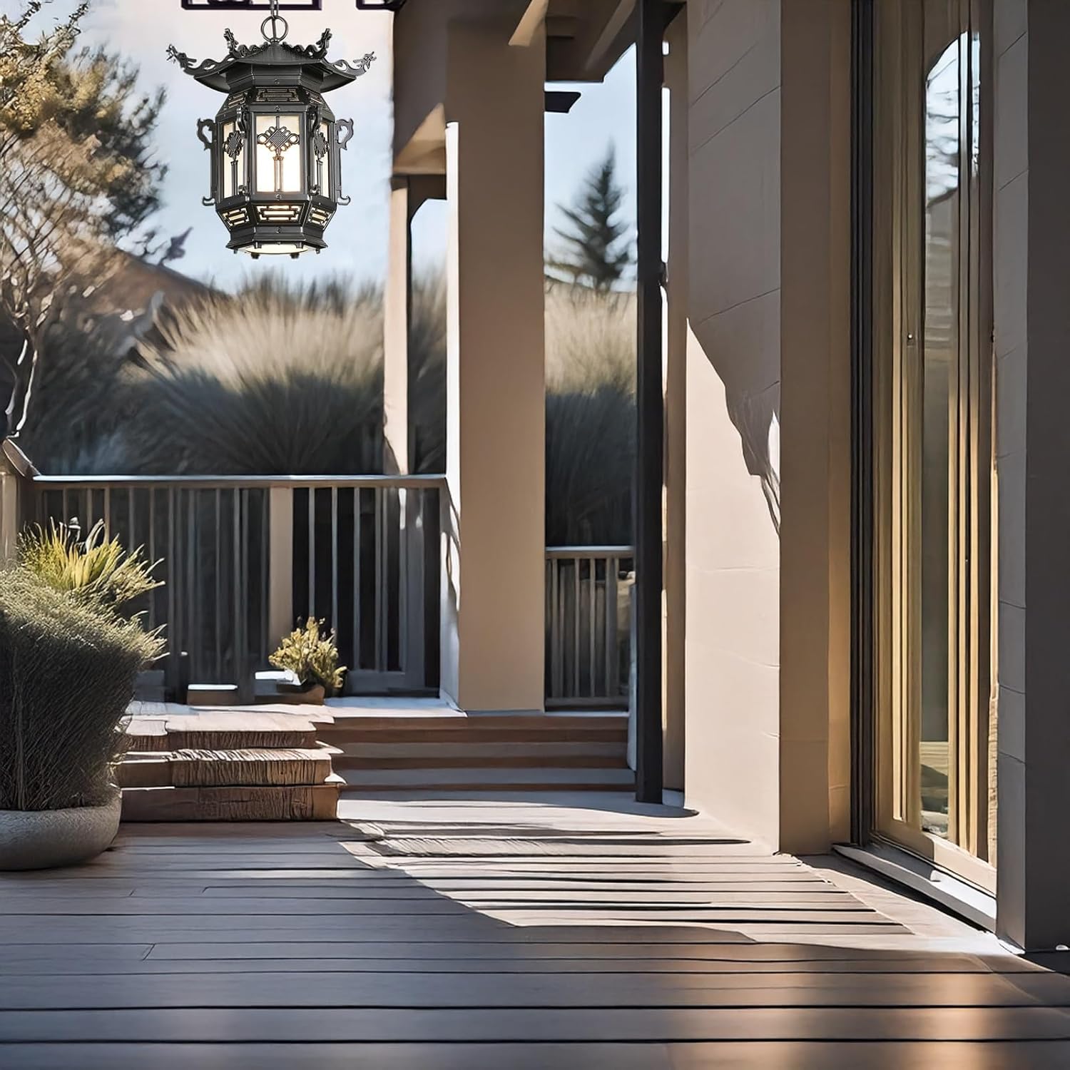 Outdoor Pendant Light, Traditional Hanging Lantern, Retro Waterproof Rustproof Exterior Chandelier, Aluminum Body with PVC, Fixture for Villa, Courtyard, Patio, Balcony, Entryway(Black,Large)