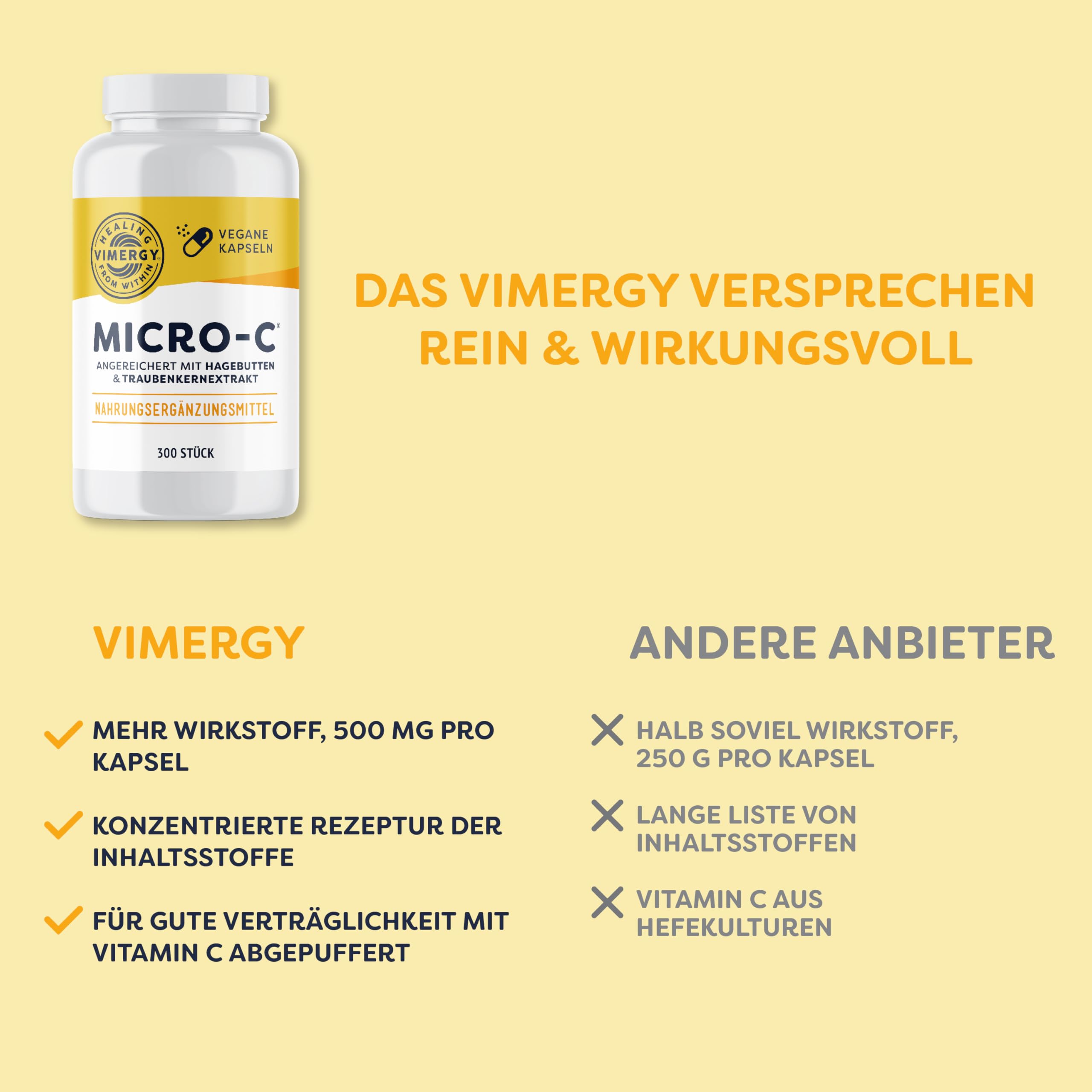 Vimergy Micro-C Vitamin C Kapseln - 300 Stück – 500 mg Vitamin C – Hagebutte – Für mehr Vitalität – Glutenfrei – Koscher – Geeignet für Veganer