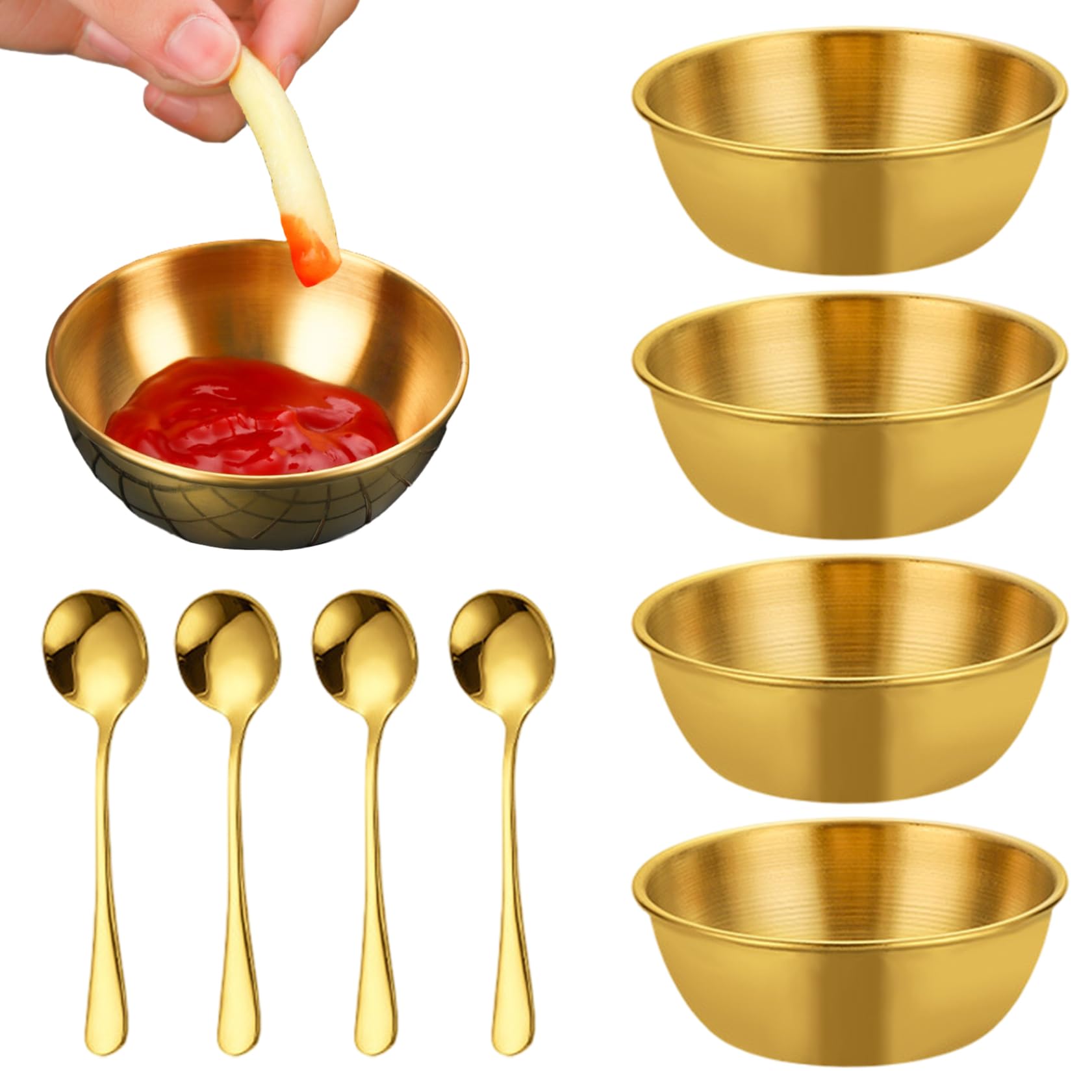 Xoeryoy 4Pcs Gold Bowl with 4 Small Spoon, 3.3 Inch Round Mini Dipping Bowls, Stainless Steel Soy Sauce Dish for Ketchup, Mustard, Guacamole, Dips &&