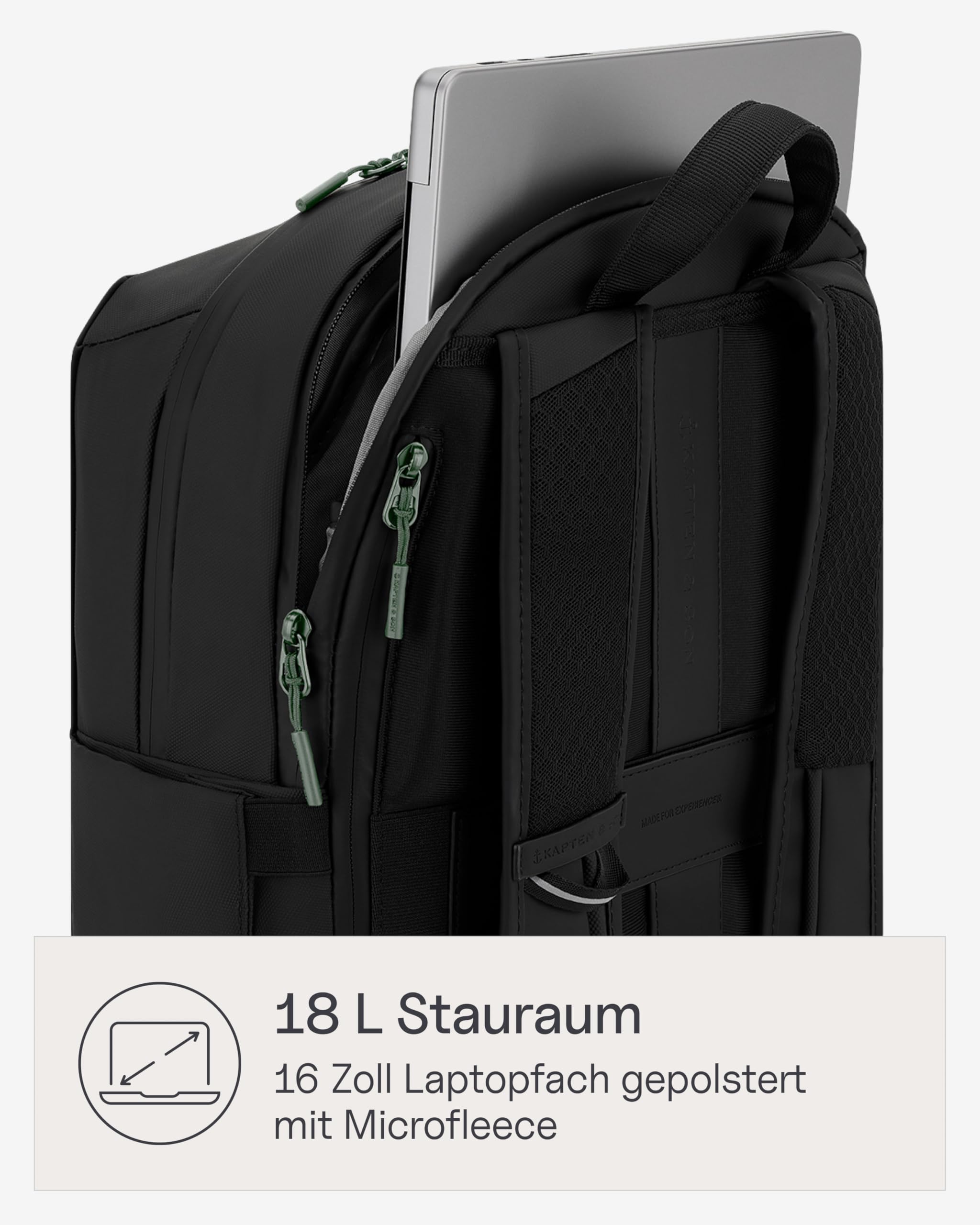 Kapten & Son Rucksack Oslo All Black 18L | Rucksack Herren Schwarz | 16 Zoll Laptopfach, Handgepäck-Größe & Kofferbefestigung | Ergonomisch & Wasserabweisend mit Schlüsselkarabiner