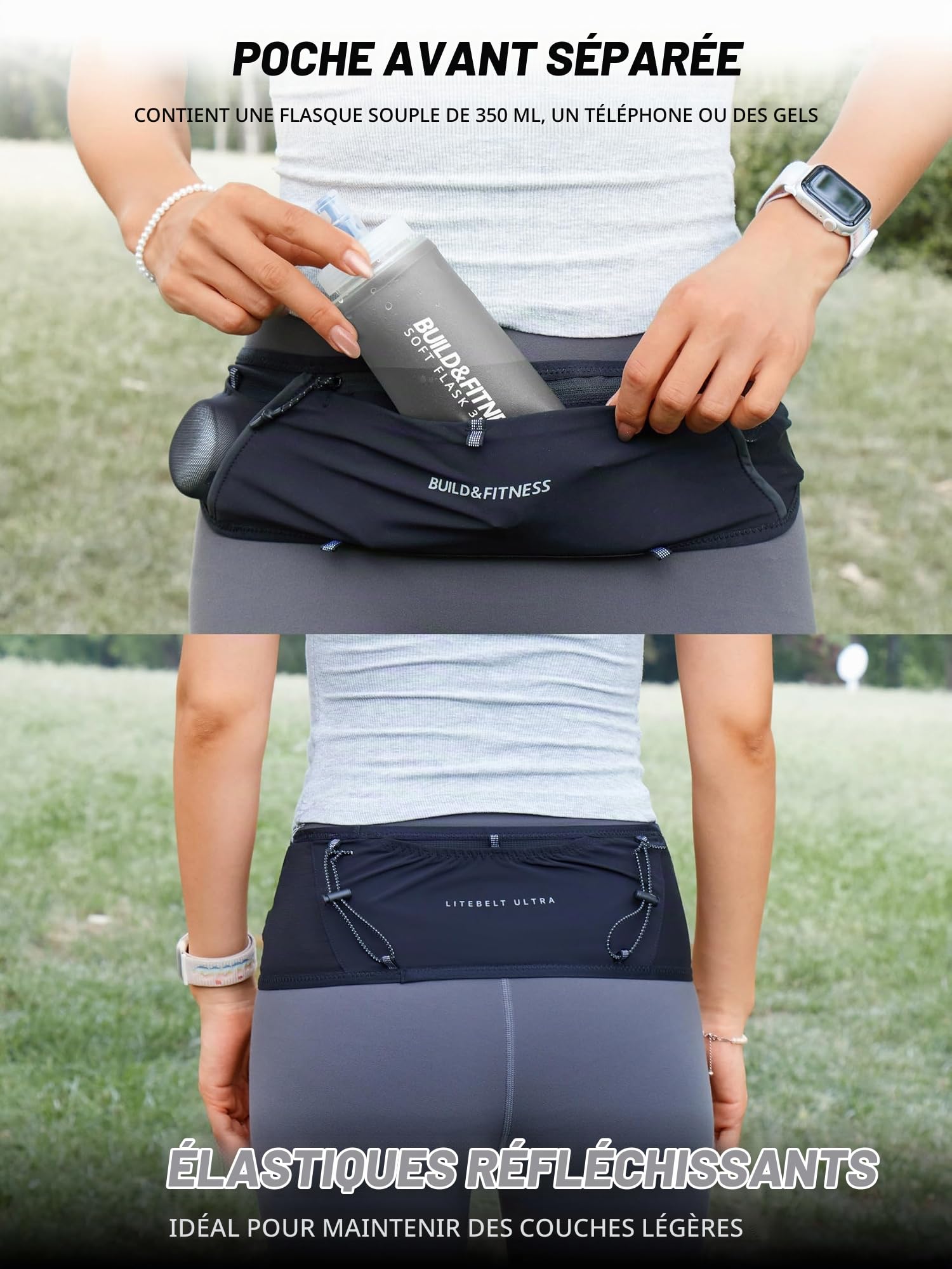 Ceinture de Running zippée Build & Fitness LITEBELT Ultra – Légère et réfléchissante. Porte-téléphone zippé YKK, 5 Poches à Chargement par Le Haut pour gels, Bouteille d'eau et Porte-clés
