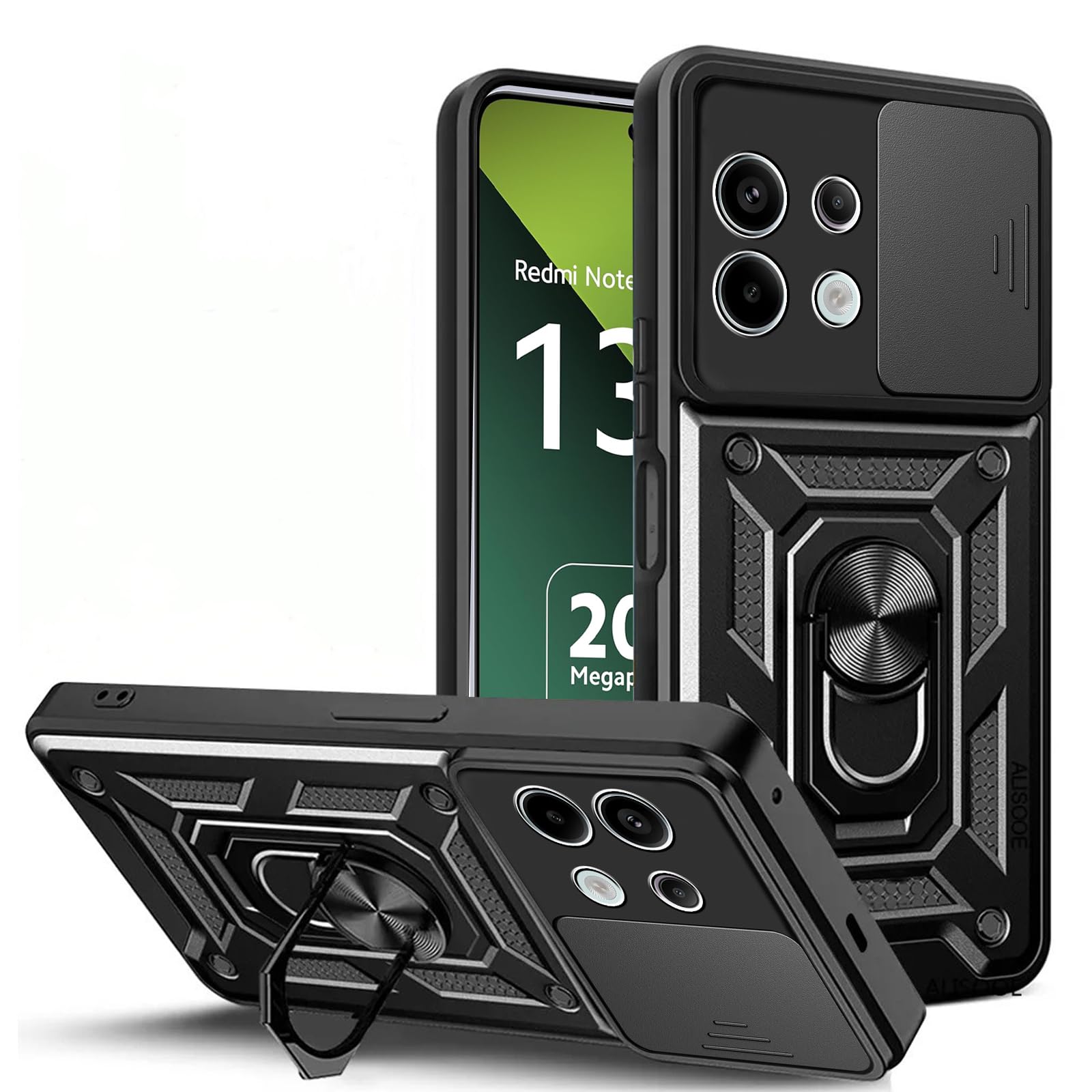 Case for Redmi Note 13 Pro 5G, [360 Rotaring Kickstand][Slide Camera Cover] Hybrid Soft TPU Frame+ Hard PC Back Case Military Grade Anti-Scratch Shockproof Rugged Bumper Phone Cover,Black