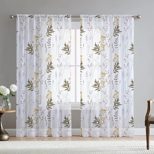 Miniatura 4 de Fereyis Cortinas traslúcidas naturales para ventana, elegantes flores blancas con estampado floral de primavera morada, ojales texturizados, cortina