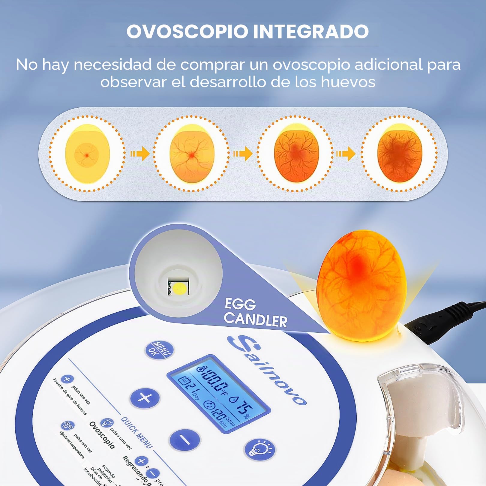 Sailnovo Incubadora Automatica de 18 Huevos Totalmente Automática, Pantalla ℉, Días de Eclosión, Nivel de Humedad, Rotación y Parada Automáticas, Vela de Huevo – Vista de 360° Incubadora