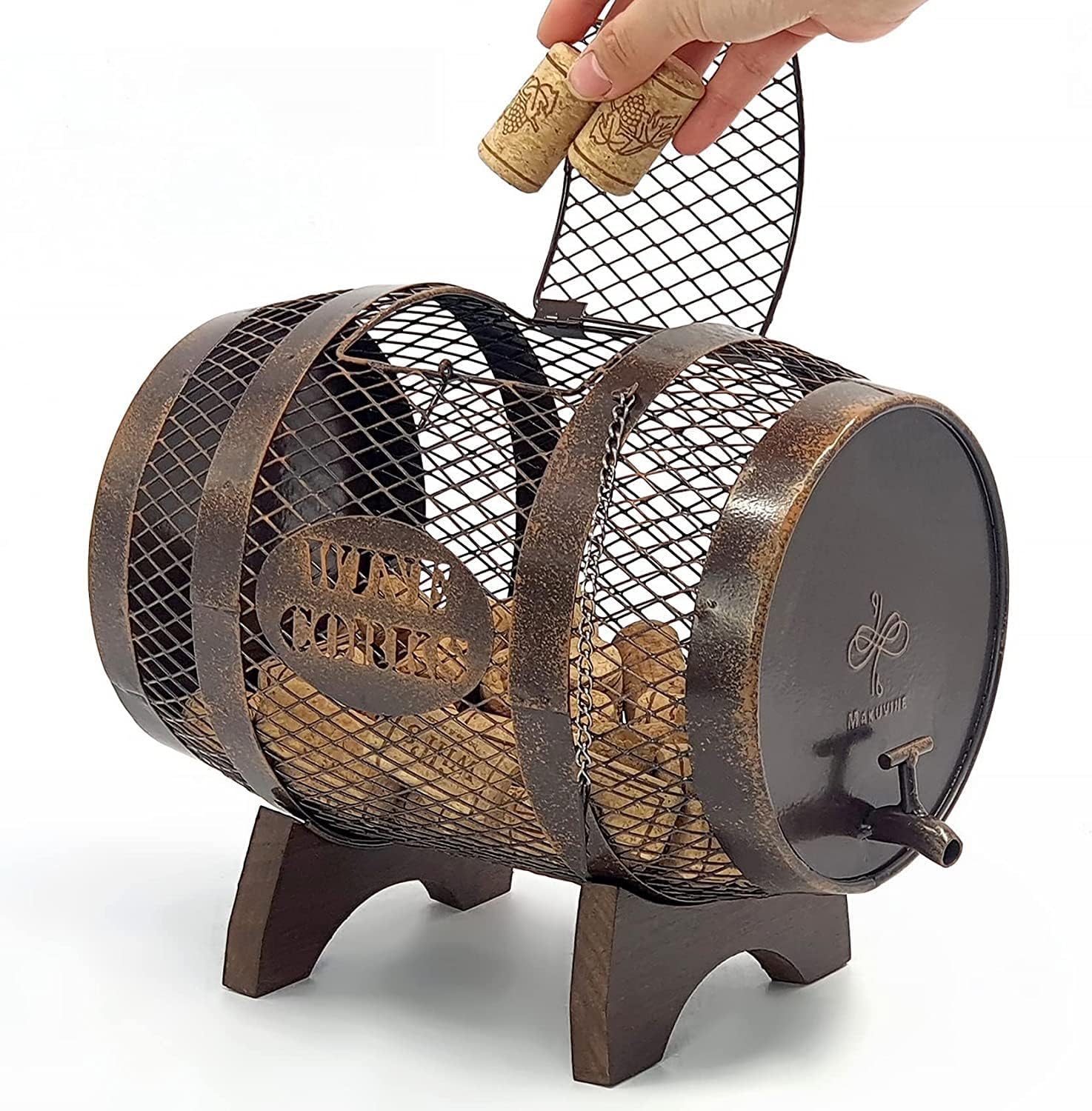 Rustic Metal Large Barrel Wine Cork Holder Display On Wooden Stand, Container for Display, Home Decor, Housewarming Gifts, Home Bar Decor, Wine Gifts, Engagement Gifts, Kitchen Decor