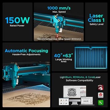 OMTech Pronto 150W CO2 Laser Engraver 63x40 Laser Cutter with Autofocus, 2-Way Pass, Air Assist, Red Dot Pointer | Ideal for Wood, Acrylic, Glass & More