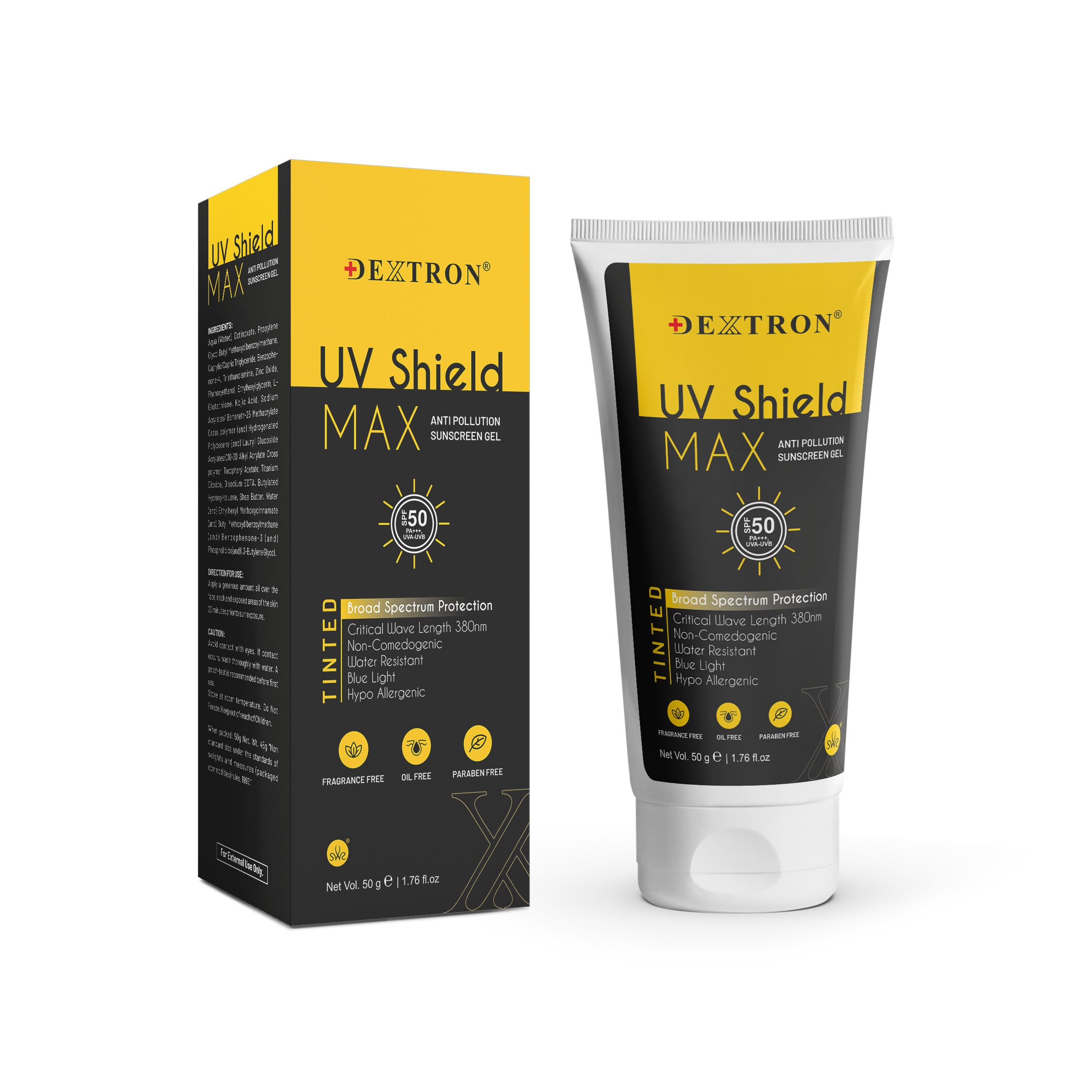 Dextron UV Shield Max Anti-Pollution Sunscreen Gel - Broad Spectrum Protection, Critical Wavelength 380 nm, Non-Comedogenic, Water-Resistant, Blue Light Protection | Fragrance-Free, Oil-Free, Paraben-Free | 50 G | 1.76 fl.oz