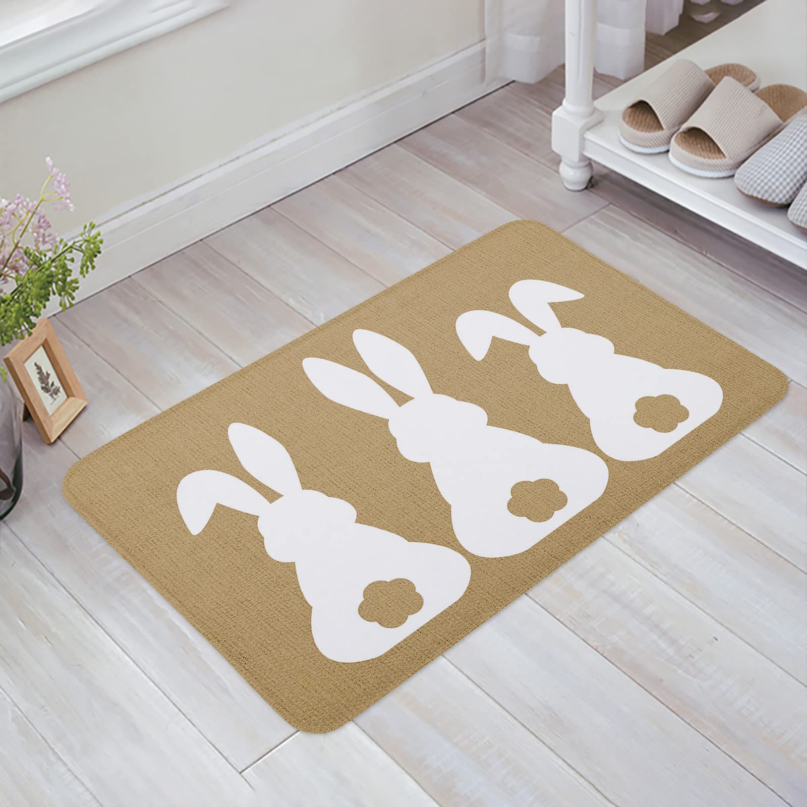 Prironde Front Door Mats Outdoor Indoor Kitchen Mat, Easter Bunny Rabbit Entrance Doormat Non-Slip Bathroom Rugs Washable Floor Mats for Sink/Porch, 16" x 24"