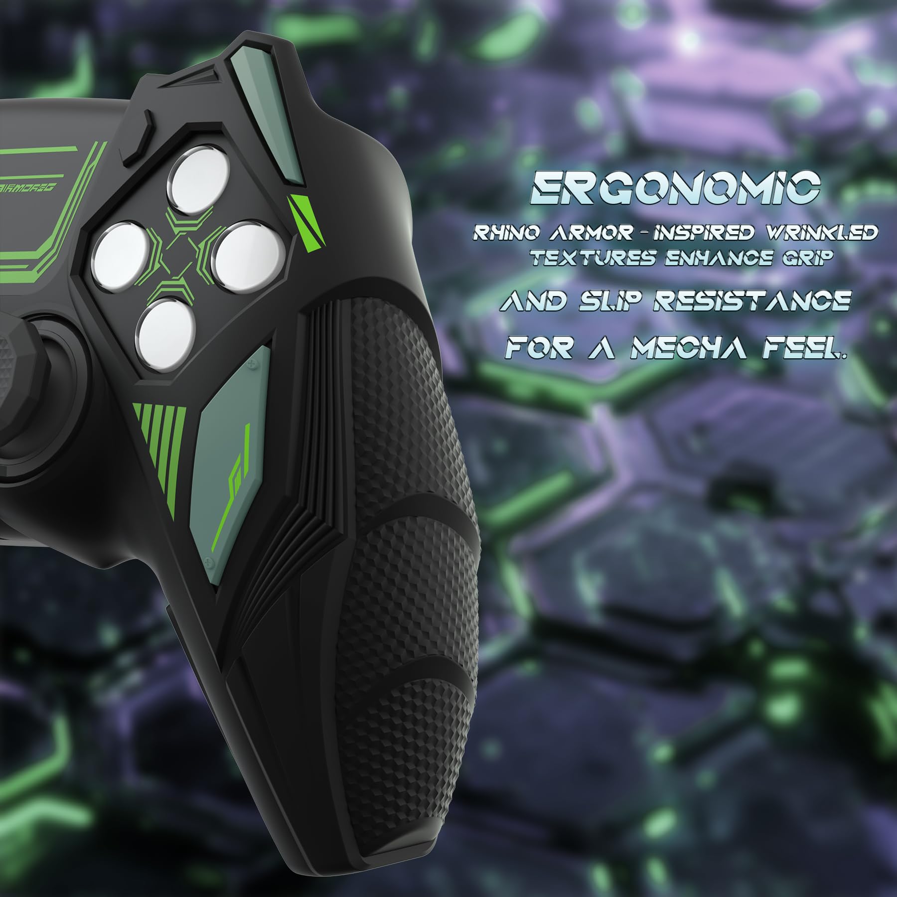 PlayVital Mecha Rhino Silikonhülle für PS5 Controller, Anti-Rutsch-Schutzhülle Case mit Thumb Grips und Aufklebern, Griffe Skin Zubehör für PS5 Wireless Controller Passend zur Ladestation-Schwarz&Grün