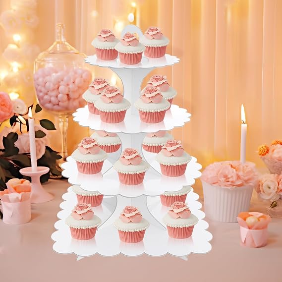 4 Pack Tier Cupcake Stand, 3&4 Tier White - Sturdy Disposable Cardboard for Parties, Weddings, Baking Display