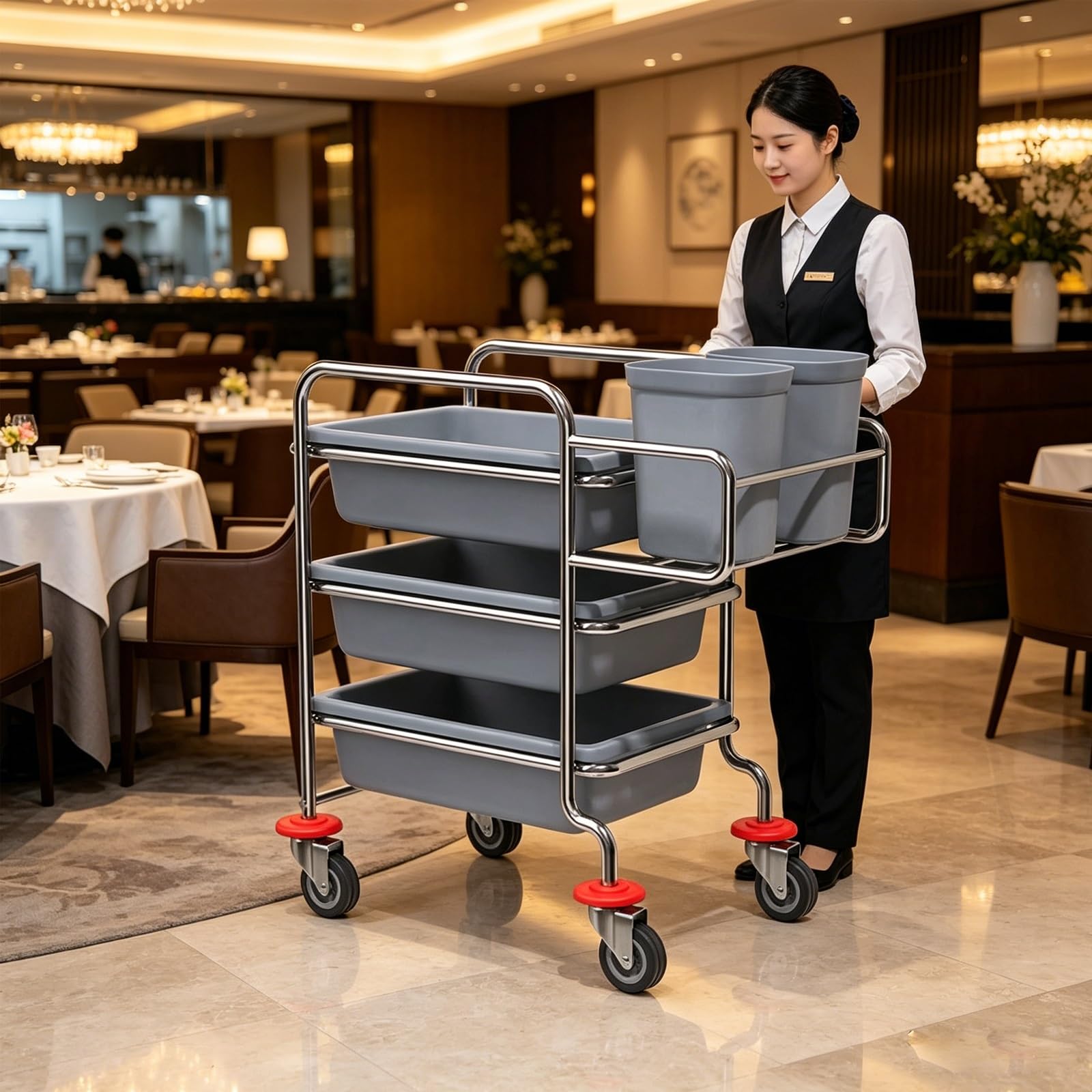 Carrito Cocina for Recoger Platos, Carro de Recogida de Platos de Acero Inoxidable, Camarera con Ruedas, for escuelas, Restaurantes(Blue)