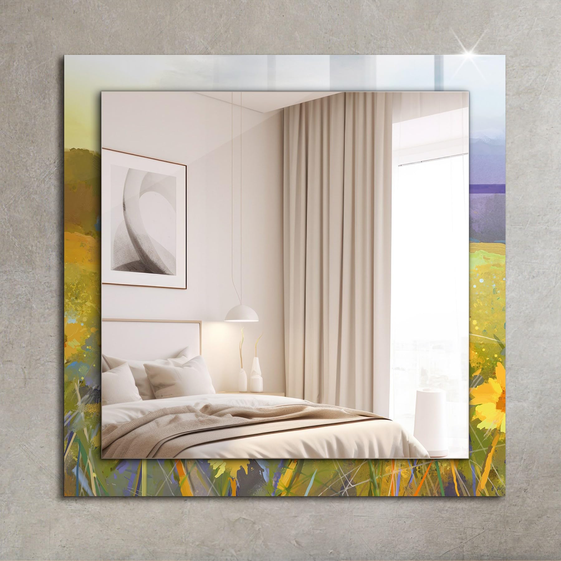 Minimalne prostokątne lustro 60 x 60 cm (23,6 cala x 23,6 cala) | szklana krawędź z nadrukiem dla współczesnego stylu - pole słonecznika