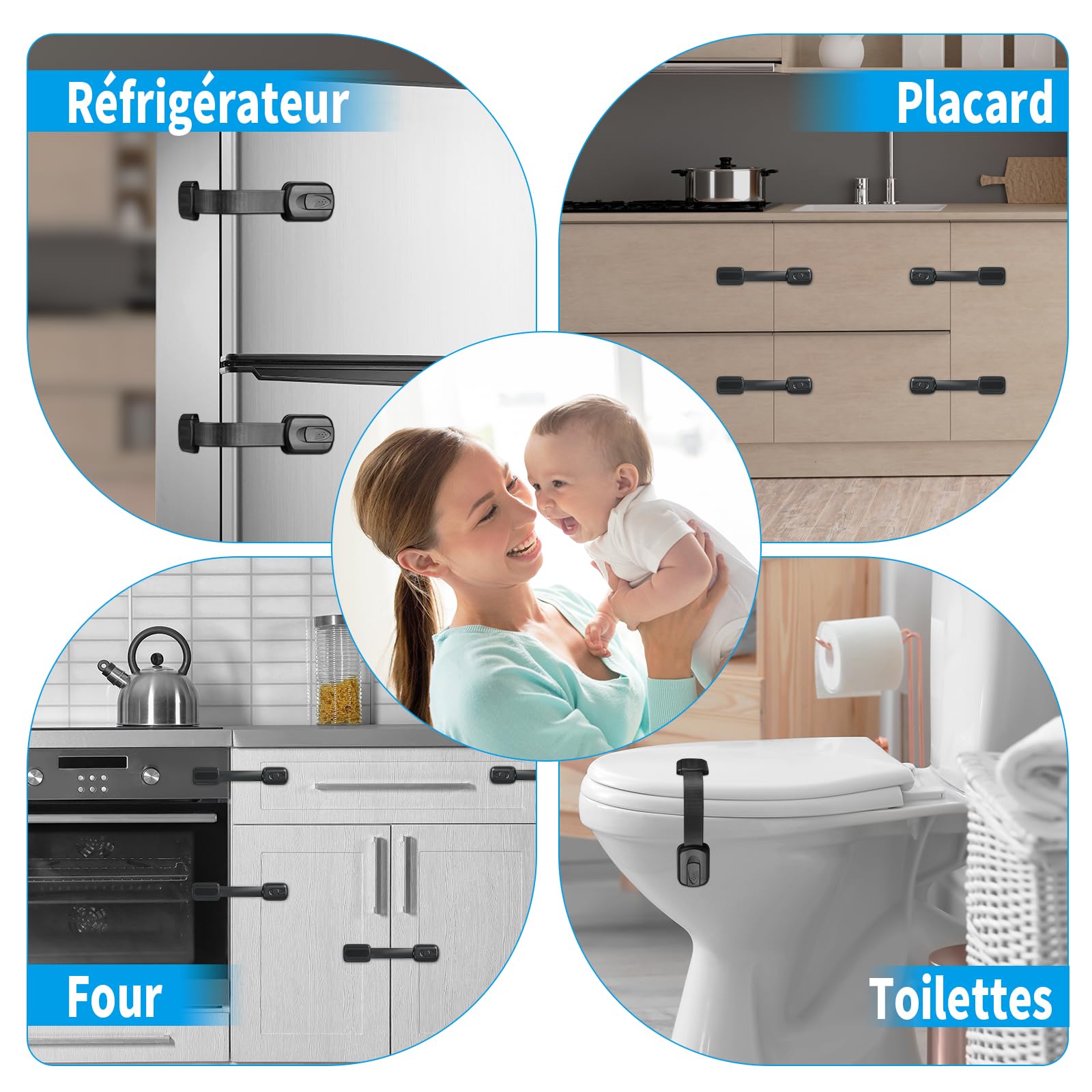 Bébé Sécurité Verrouillage, Lot de 8 Sécurité Placard Enfants Serrures avec adhésif 3M, Bébé Sécurité Serrures pour armoires, tiroirs, réfrigérateur, toilettes sans perçage (Noir)