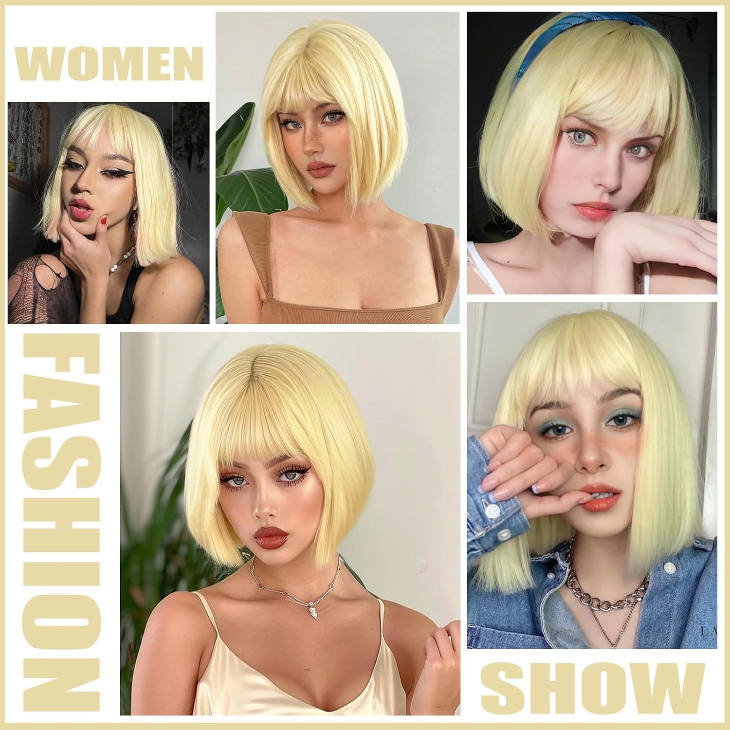 WERD Blonde Bob Wig with Bangs，Straight Bob Wig Short Blonde Wigs for Women, Short Light Blond Synthetic Heat Resistant Colorful Wig for Cosplay Party Use