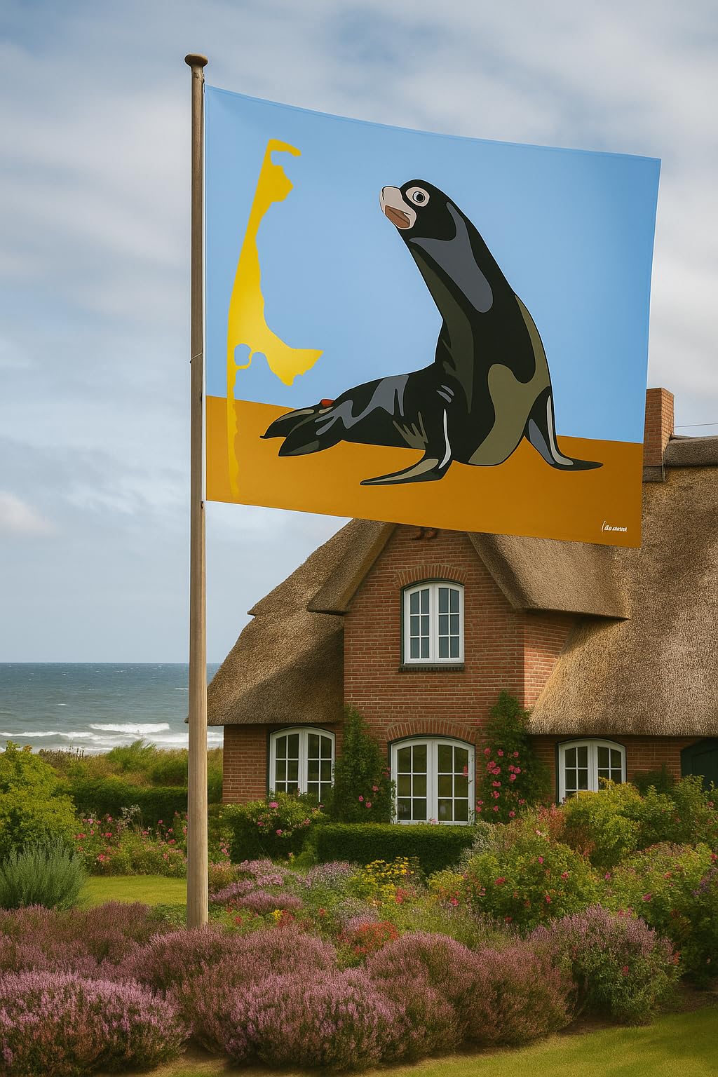 Bandera de foca de playa – diseño marítimo de animales Sylt Pañuelo de bandera de barco / 250 x 150 cm