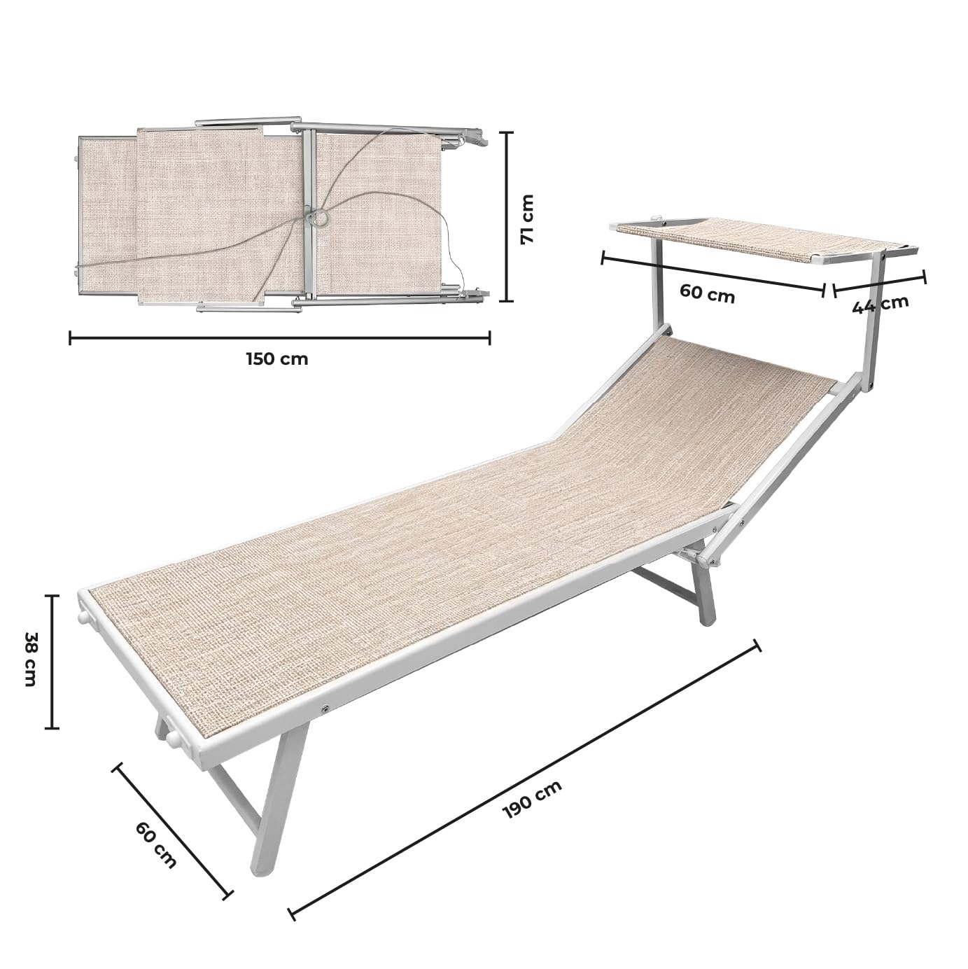 Lettino Prendisole Professionale Pieghevole e Impilabile con Parasole Regolabile, Schienale Reclinabile 2 Posizioni, Struttura in Alluminio, Tessuto Impermeabile UV Resistente, Portata 110 Kg - Beige