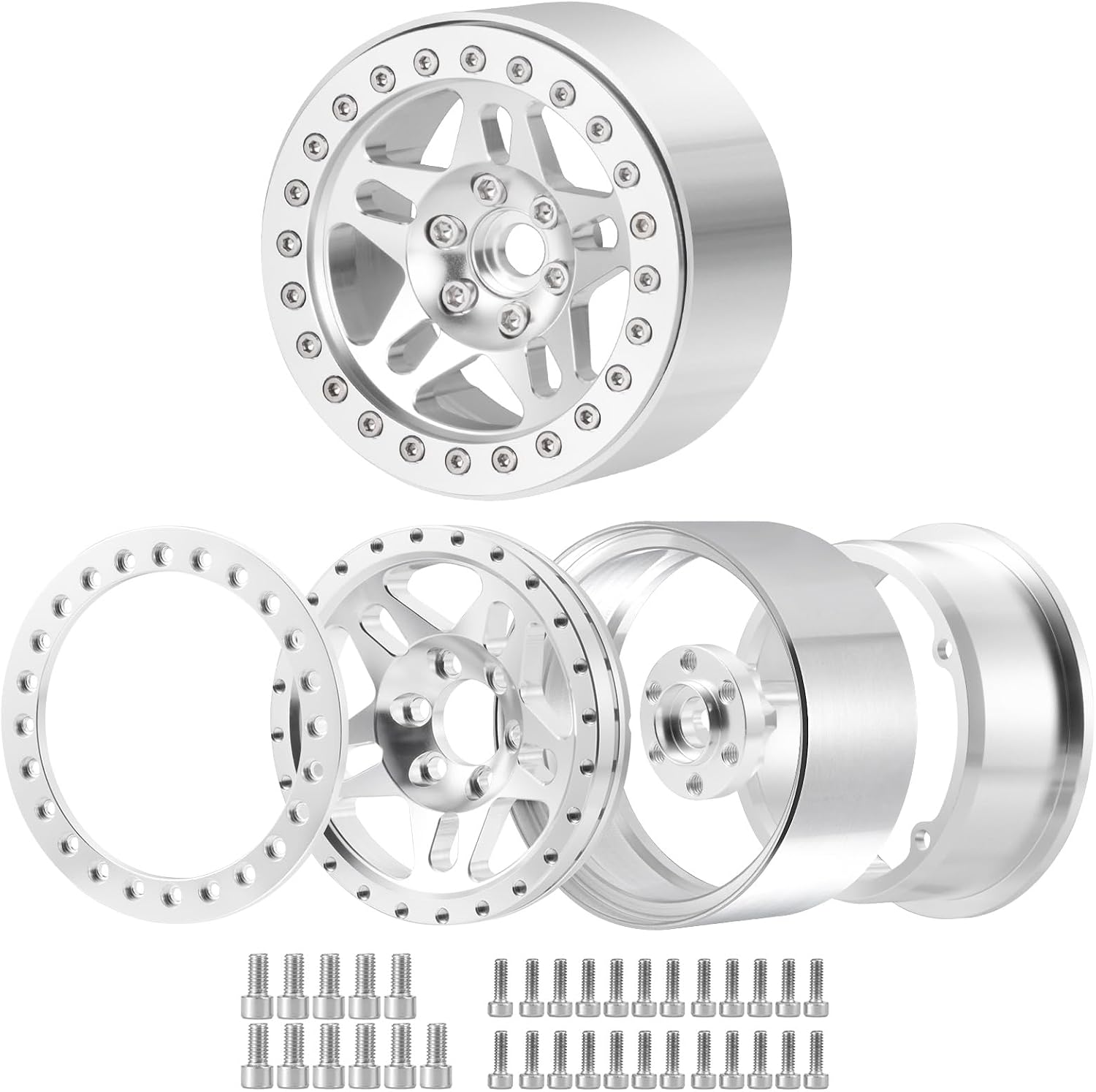 RCLIONS 4PCS Aluminum 2.2 Beadlock Wheels Rims Hub for 1/10th RC Crawler Car Wraith RR10 RBX10 SCX10 II III TRX4 D90 D110 (Silver)
