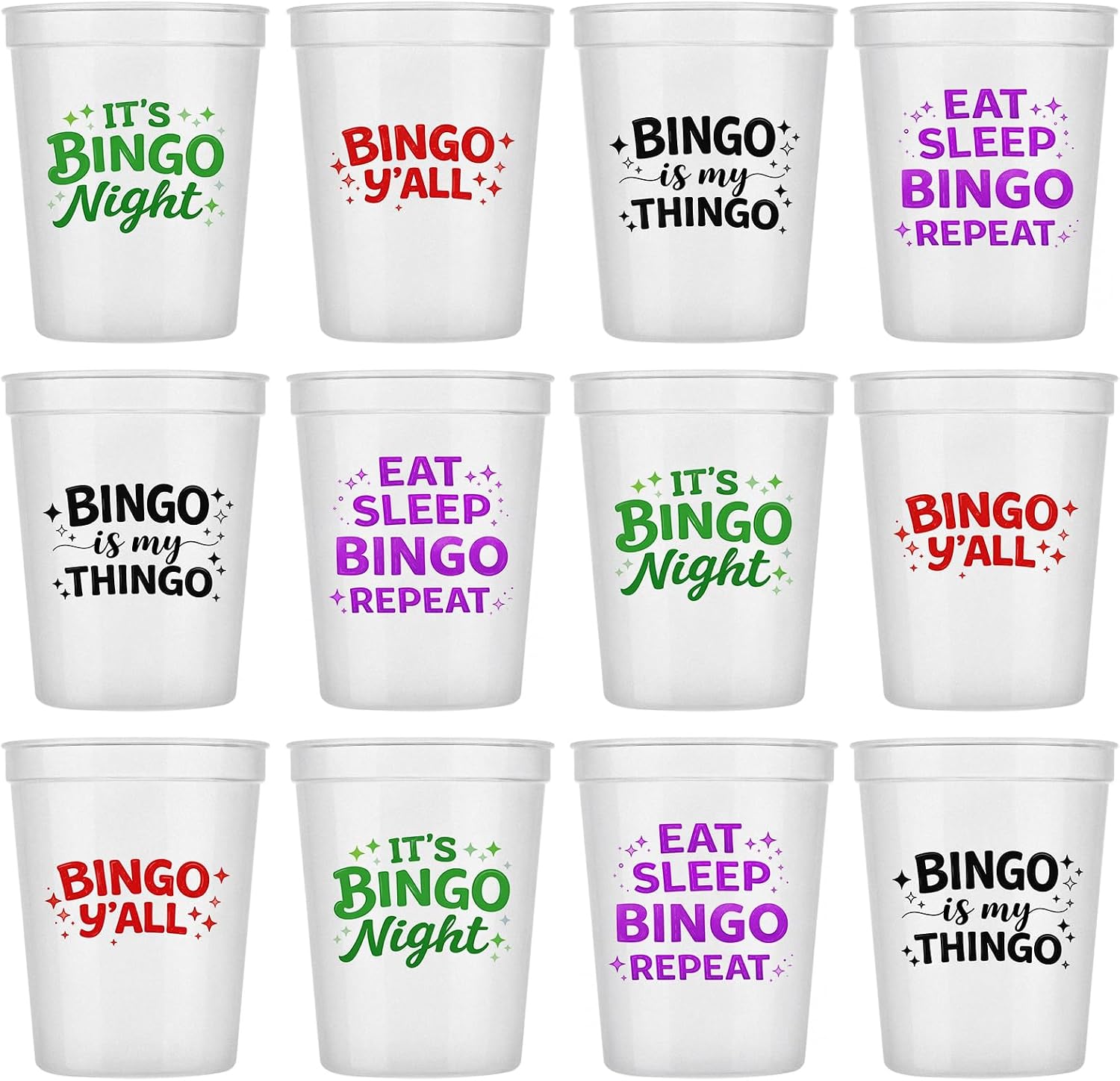 Yungyan 12 Pcs 16 oz Bingo Cups with Multicolor Funny Phrases, Frosted Reusable Plastic Party Supplies, Bingo Game Night Prizes Gifts for Family Christmas Birthday Celebration Accessories
